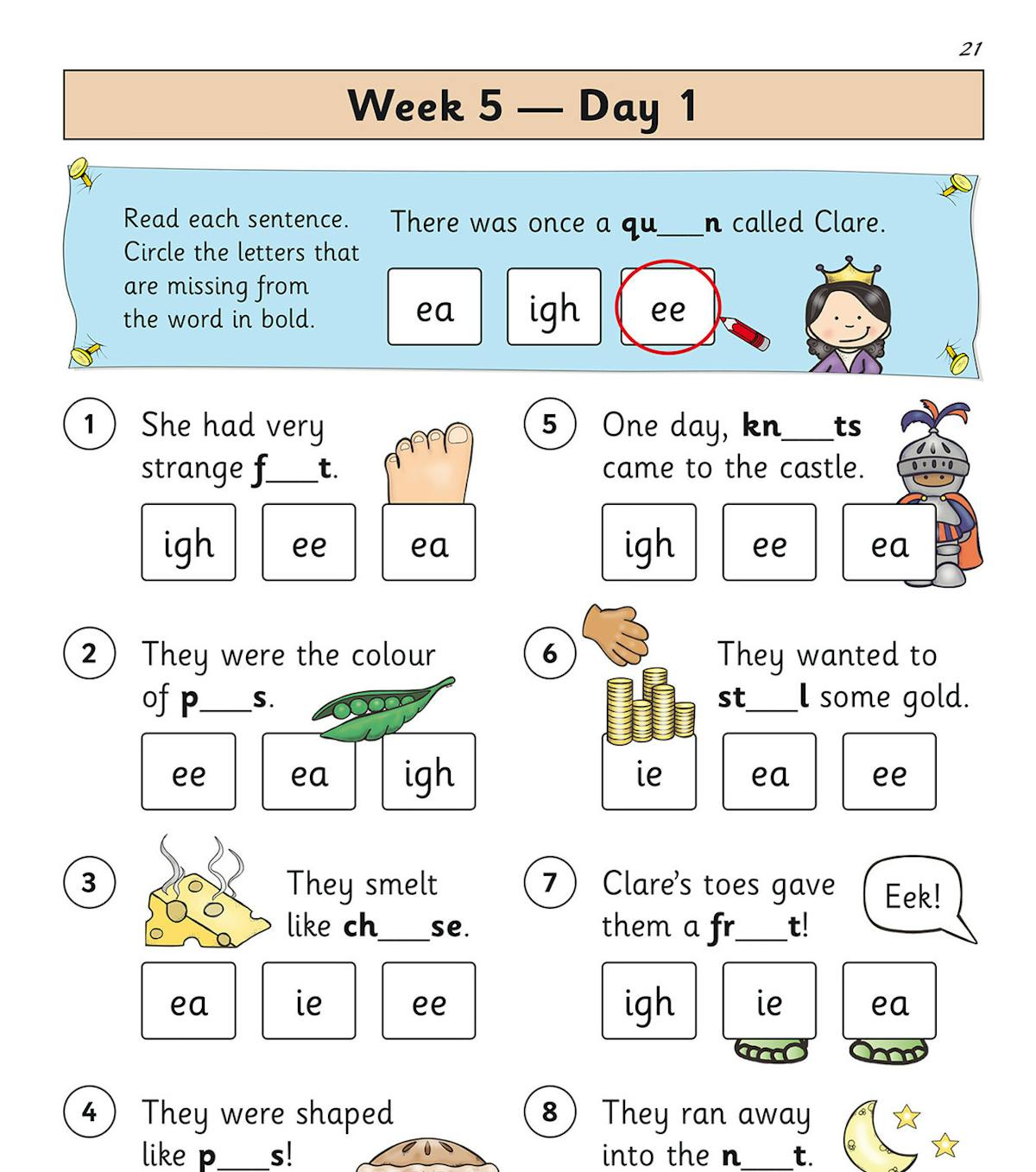 Daily spelling practice page showing phonics activities with colourful illustrations
