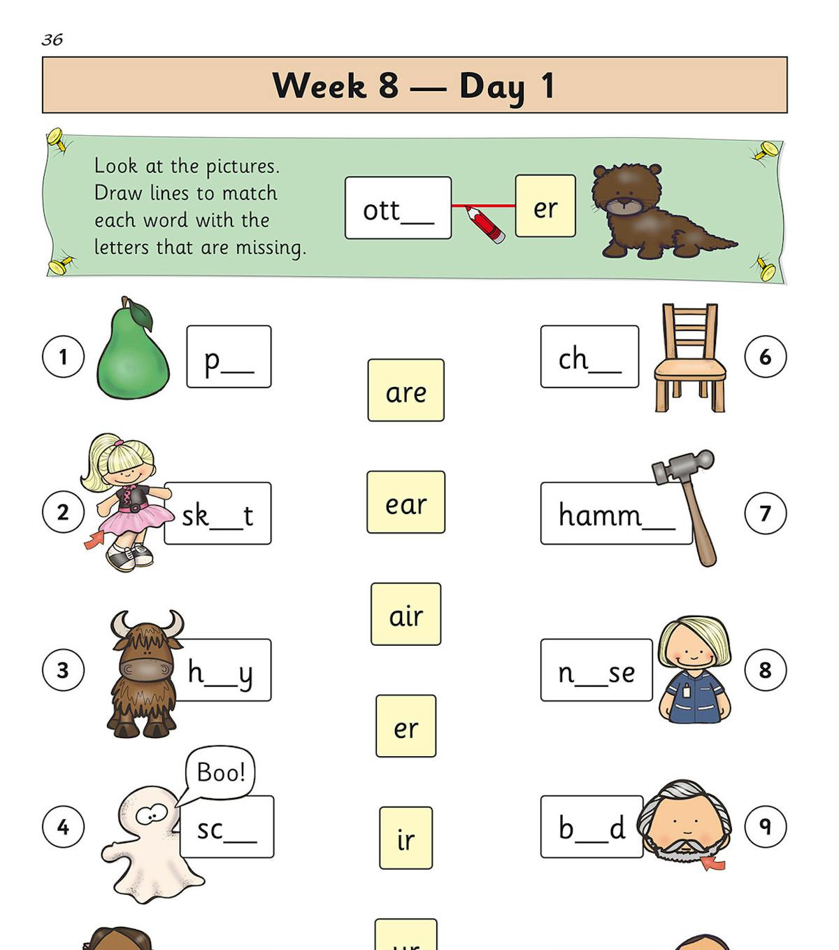 Inside page showing Week 8 Day 1 spelling activities with colourful illustrations