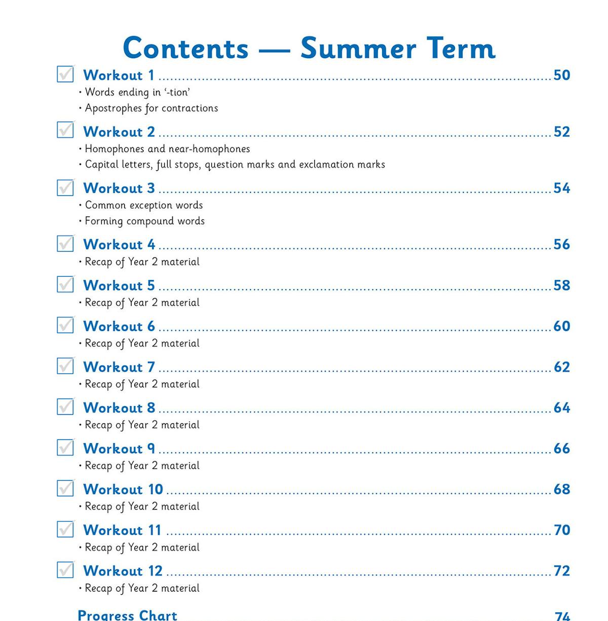 Contents page showing the full list of weekly workouts organised by school term