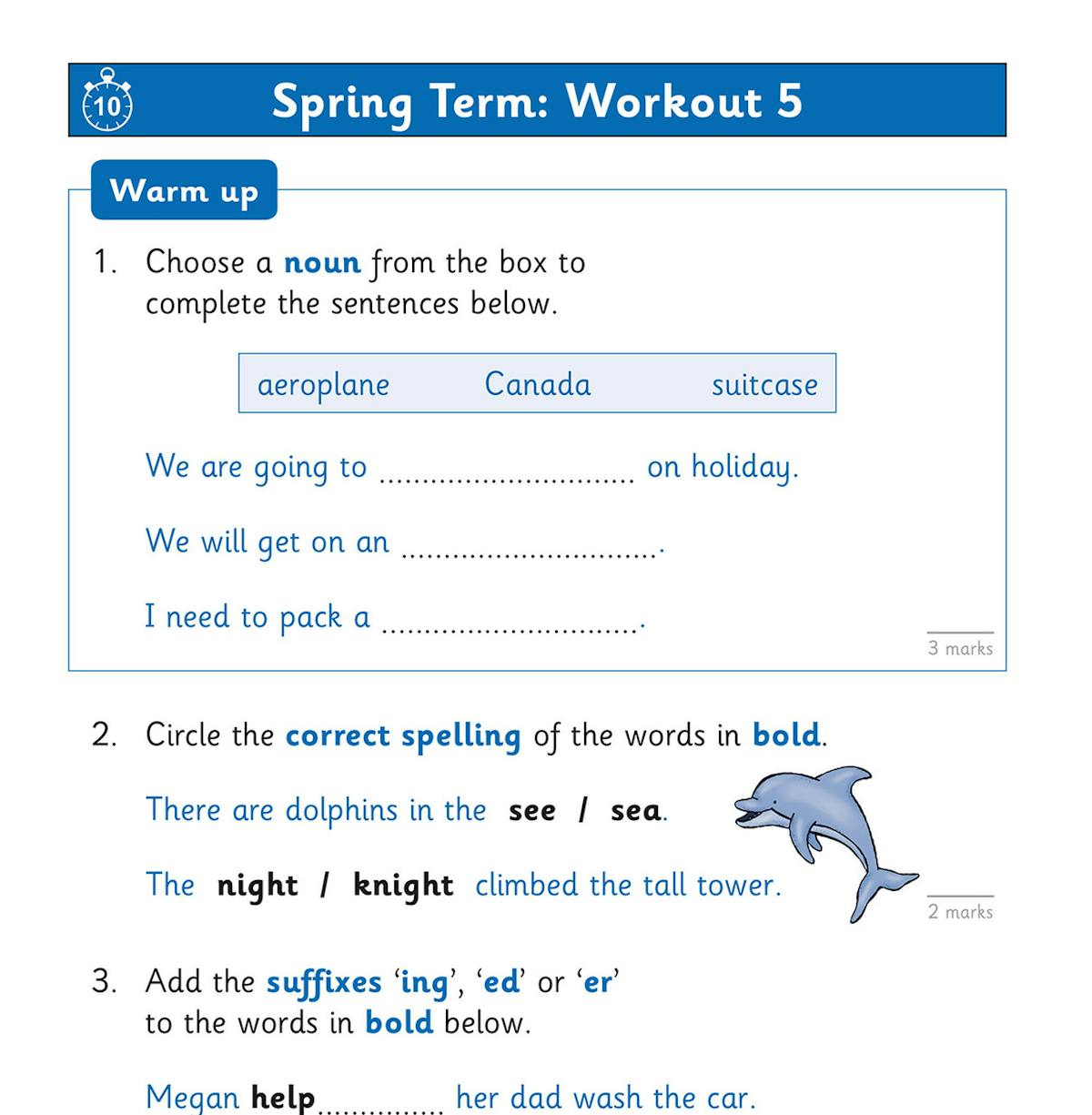 Sample workout page featuring warm-up questions on nouns, spelling and suffixes