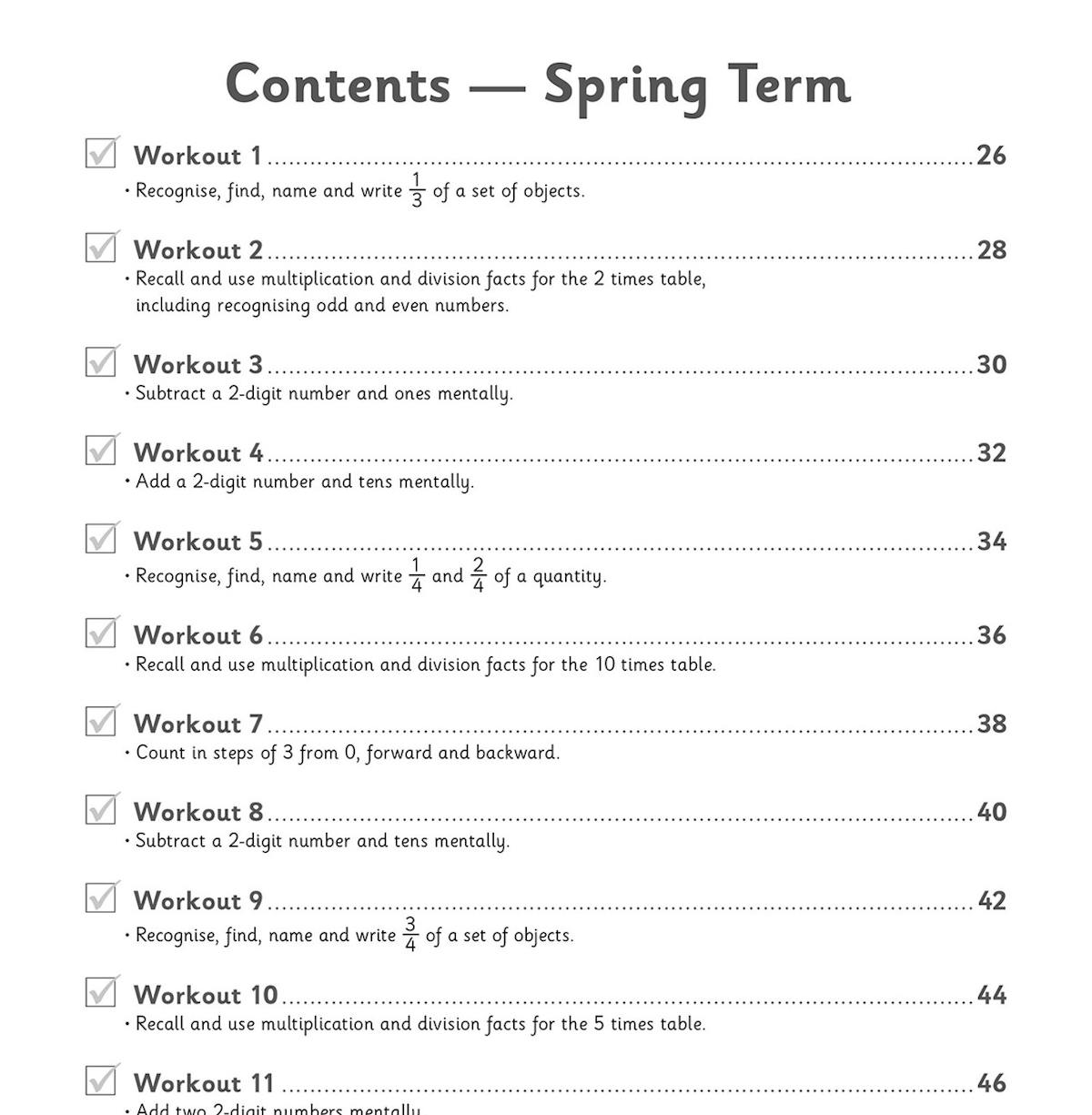 Contents page showing Summer Term workouts covering mental subtraction, addition, fractions and Year 2 recap sessions