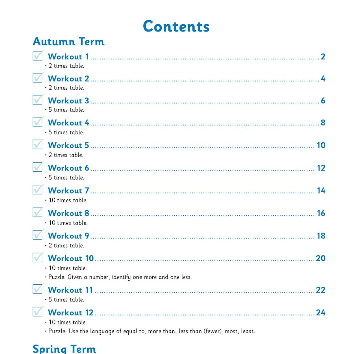 Contents page showing weekly workouts organised by autumn and spring terms