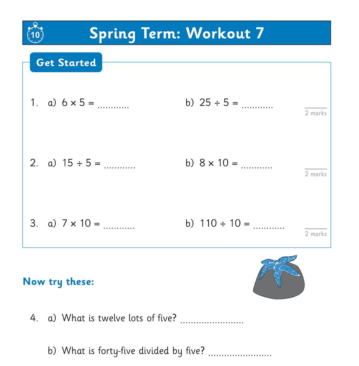Sample workout page showing multiplication and division questions with word problems