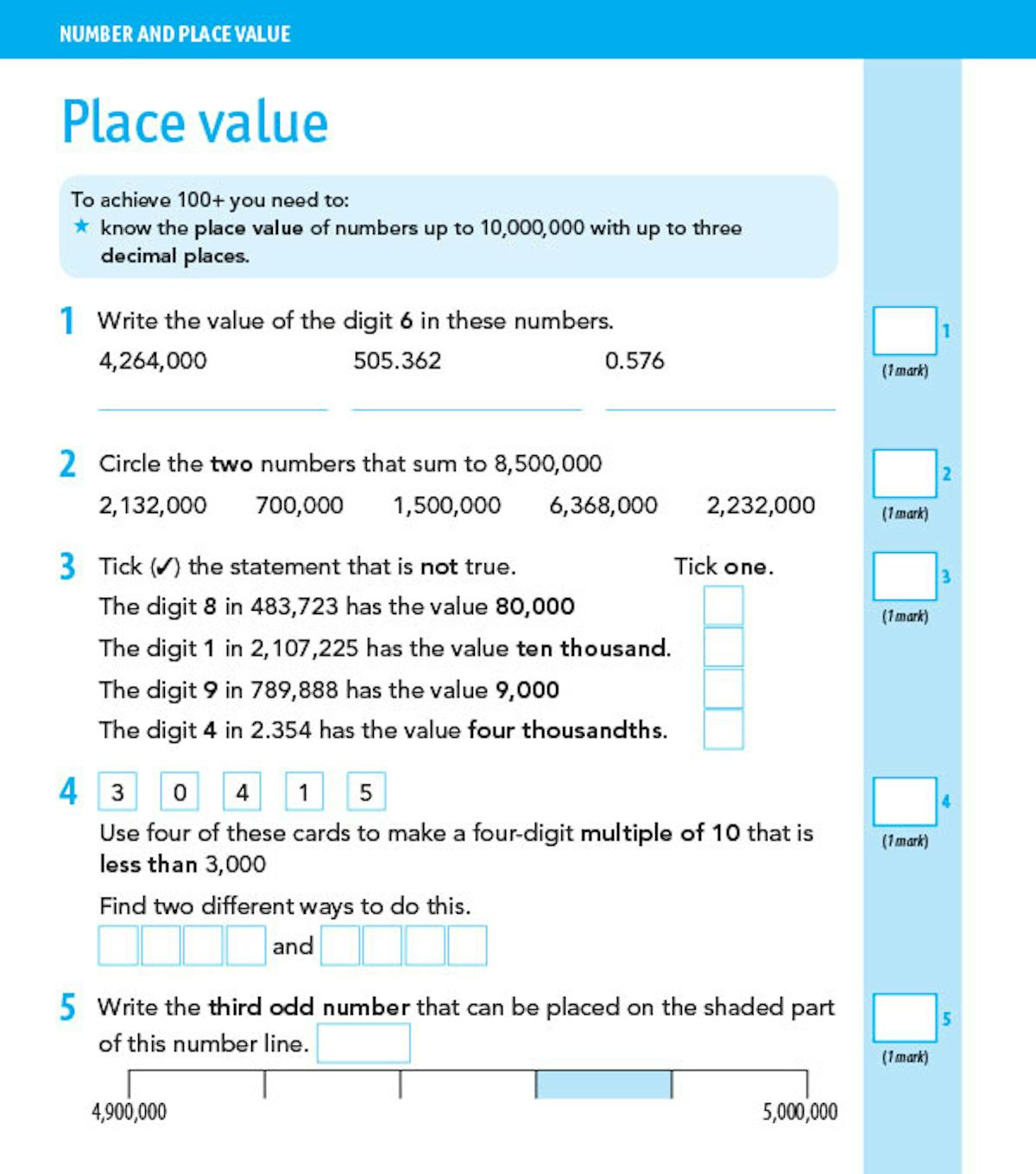 Sample page showing place value questions with Top Tip panel