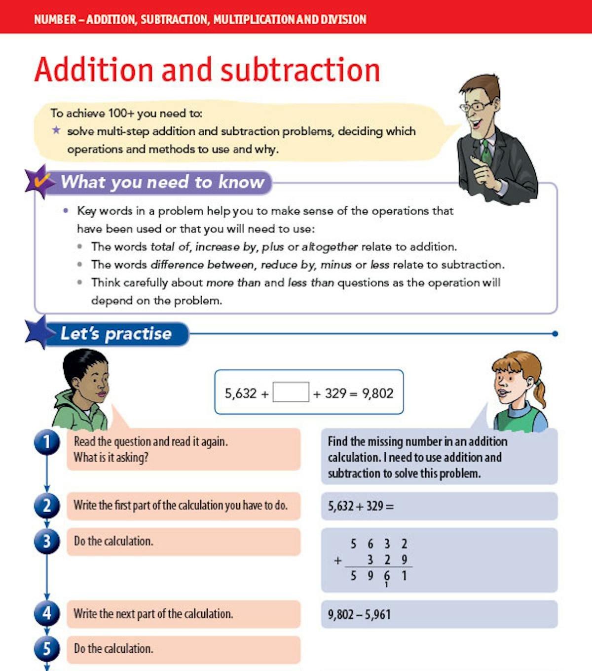 Inside page showing step-by-step addition and subtraction question with flowchart method