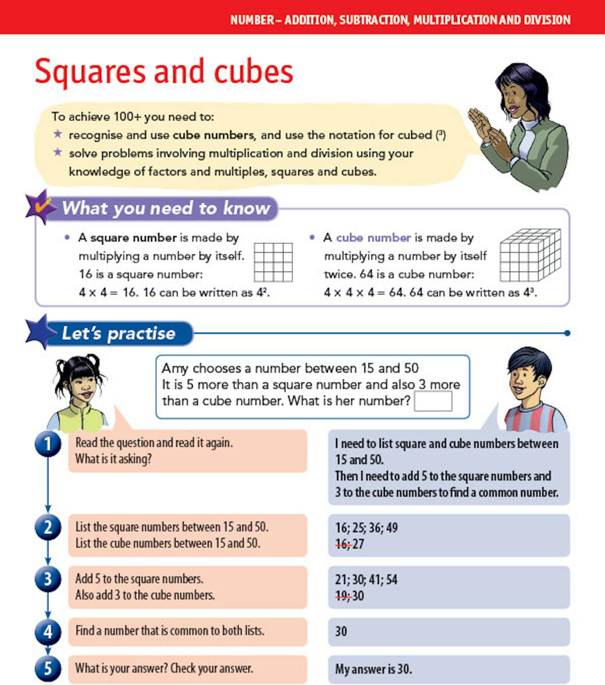 Squares and cubes page from the Rising Stars revision guide showing step-by-step problem solving