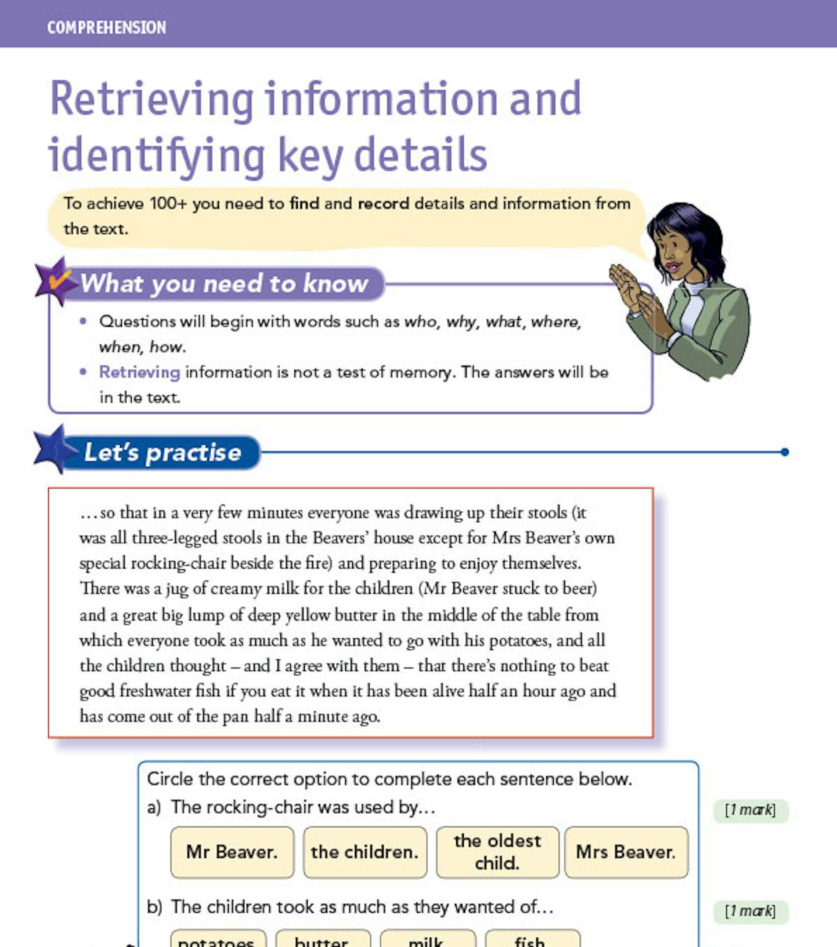 Inside page showing comprehension question practice with step-by-step guidance