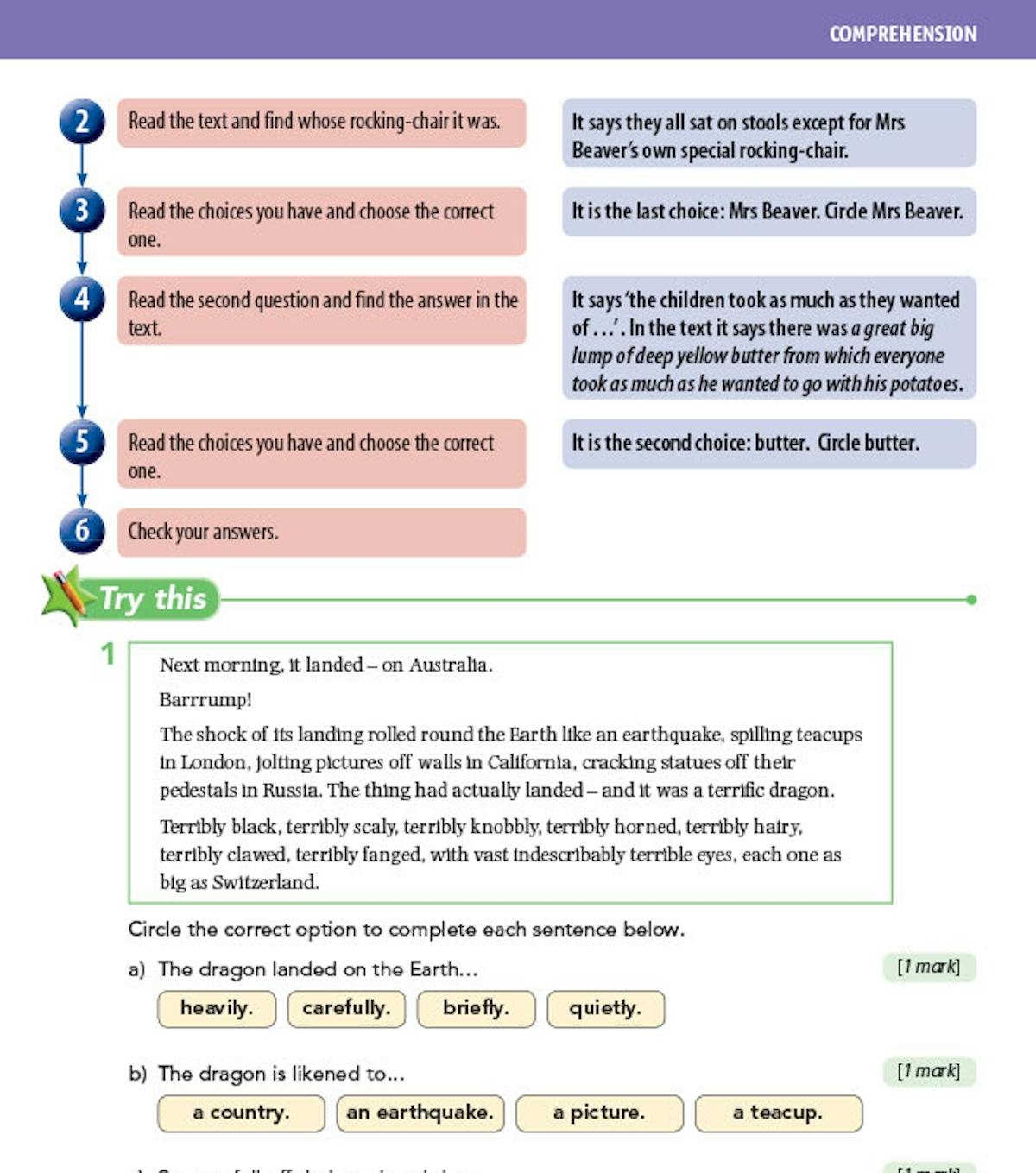 Reading comprehension page with text extract and exam-style questions