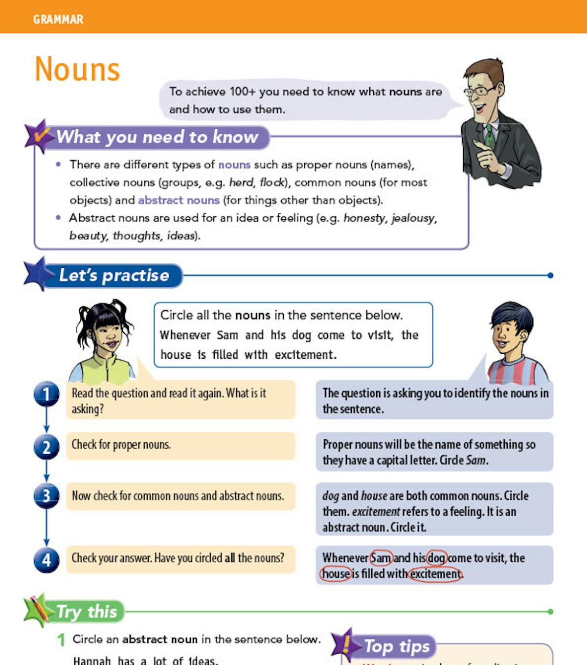 SPaG revision guide page showing grammar concepts with step-by-step flowchart guidance