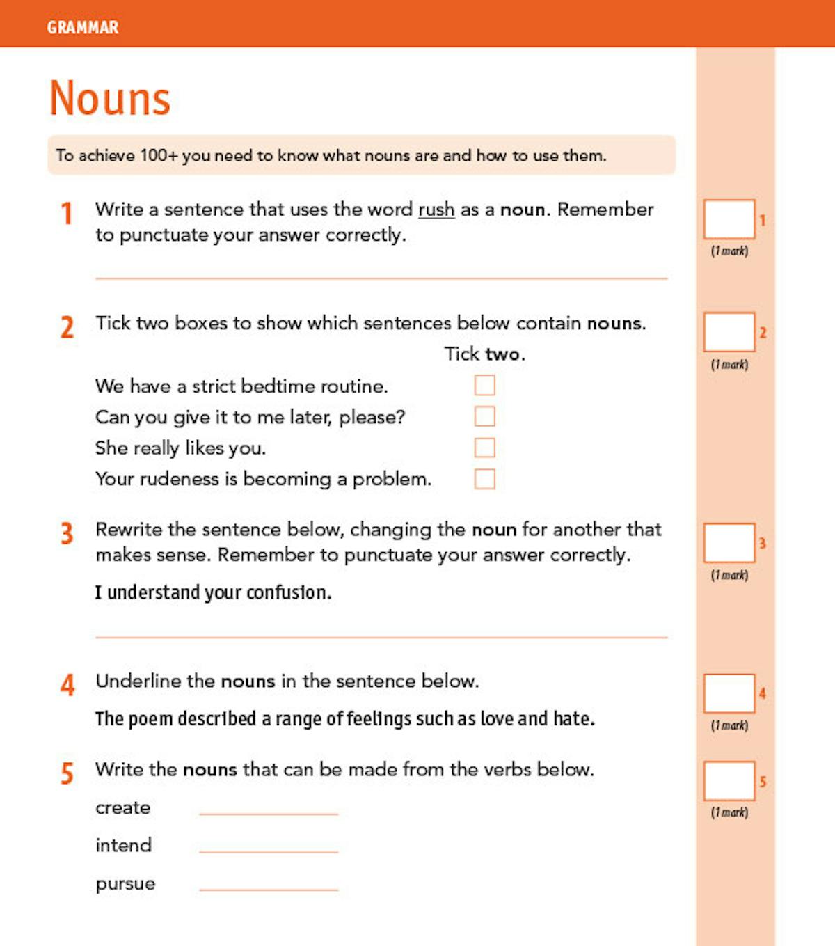 Sample grammar exercise page showing nouns practice questions with Top Tips panel