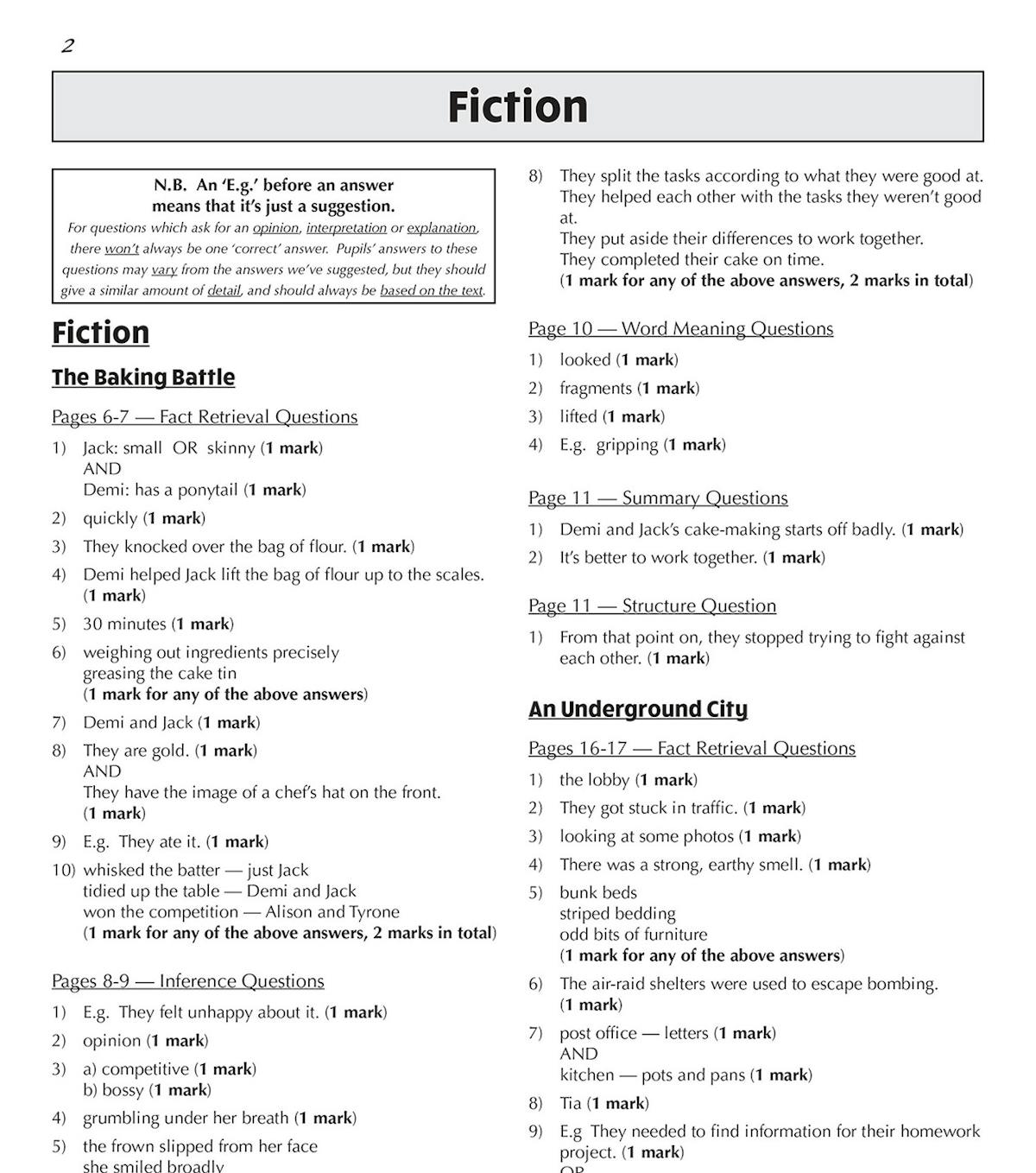 Sample answer page showing mark scheme for fiction comprehension questions