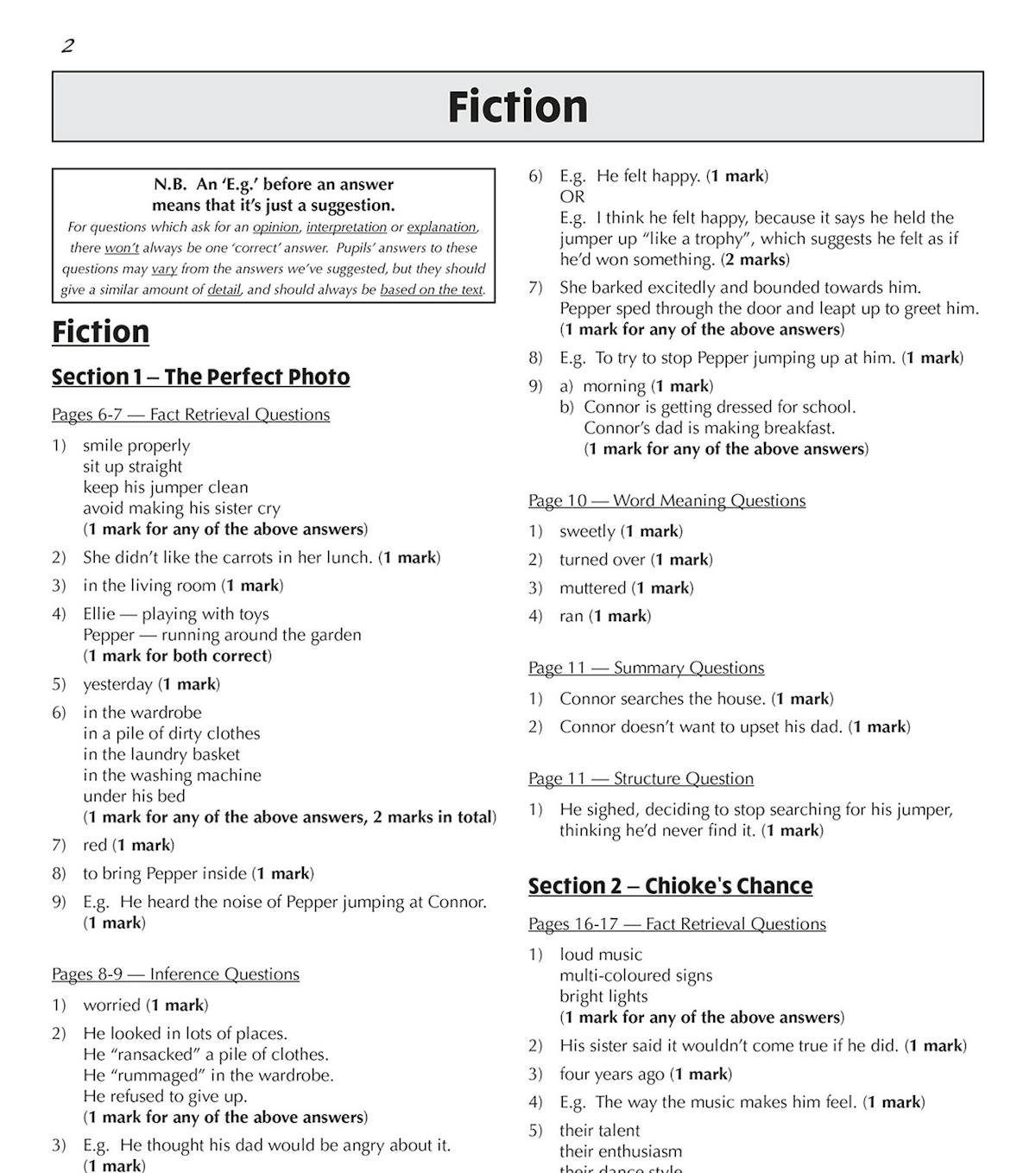 Inside pages showing detailed fiction reading comprehension answers with mark allocations