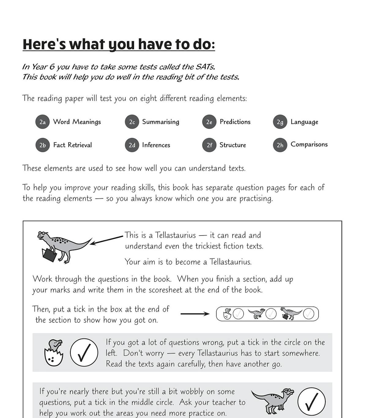 Inside page showing the SAT Buster introduction with eight reading elements and the Tellastaurus mascot