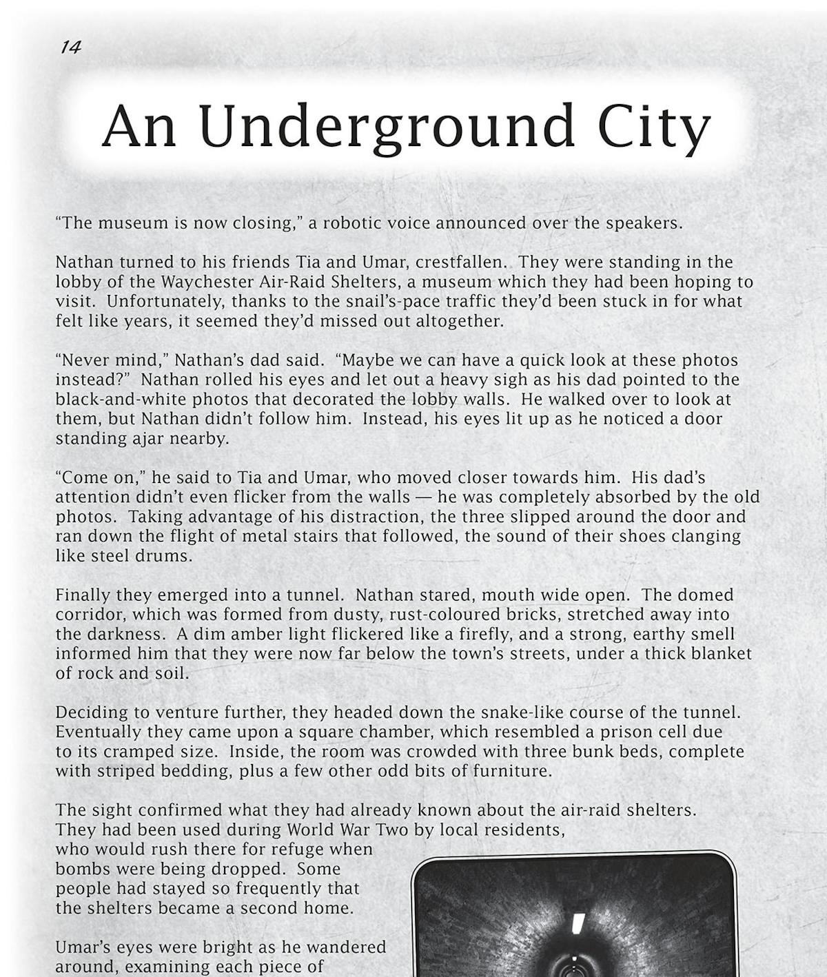 Sample fiction text page titled An Underground City showing a story passage and a photograph of a tunnel