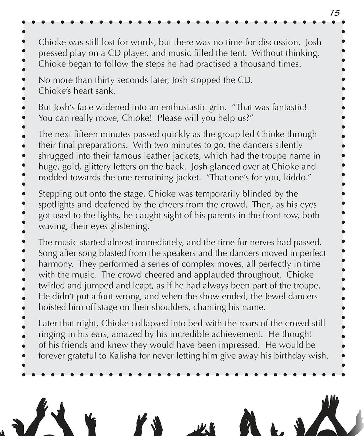 Continuation page of the Chioke's Chance story showing text and crowd silhouette illustration