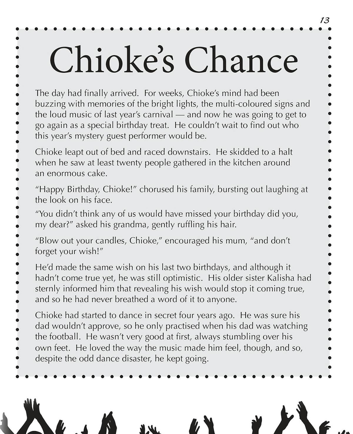 Fiction text page from Book 2 showing a story titled Chioke's Chance with decorative crowd illustration