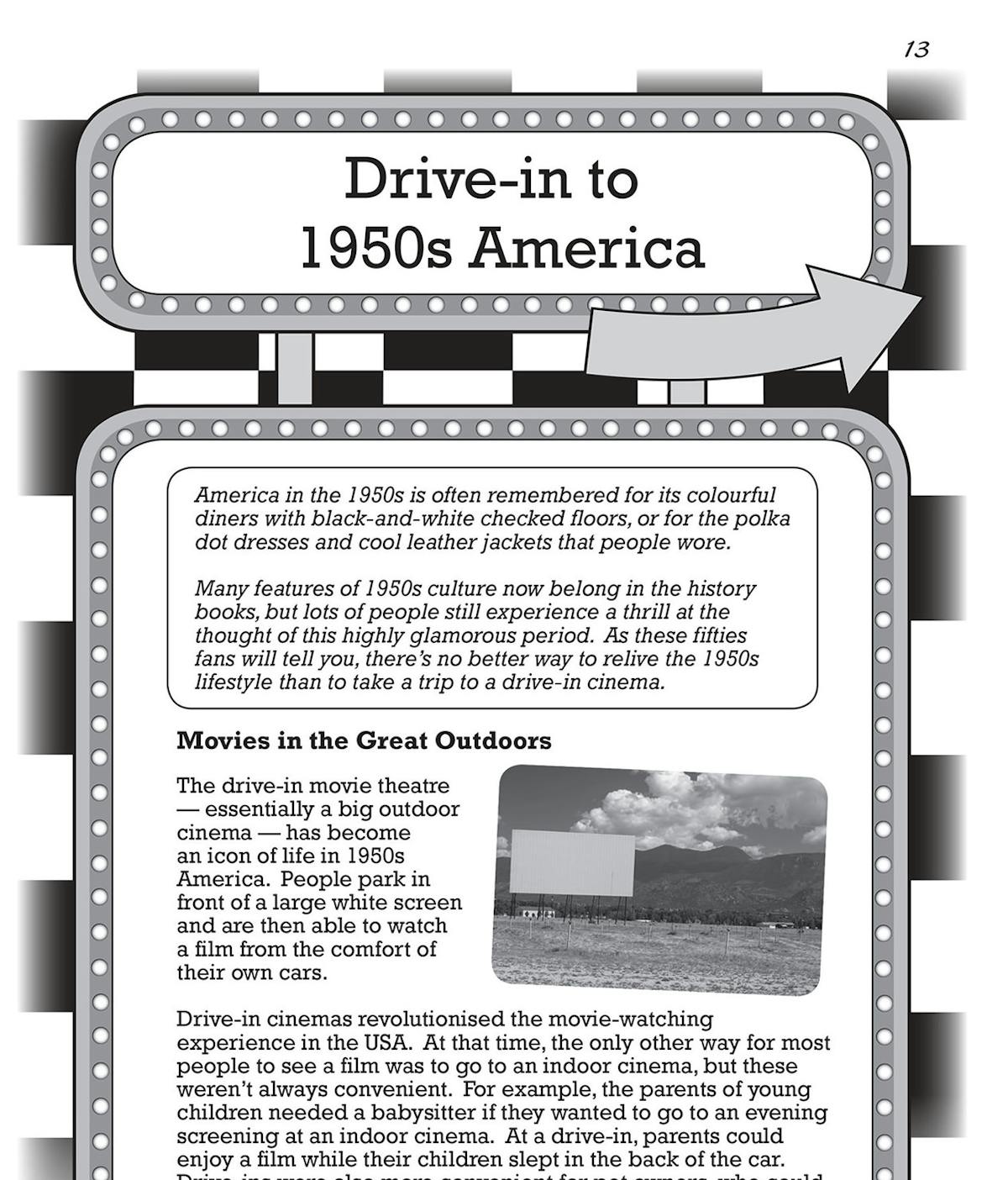 Sample page showing 'Drive-in to 1950s America' non-fiction text with comprehension questions