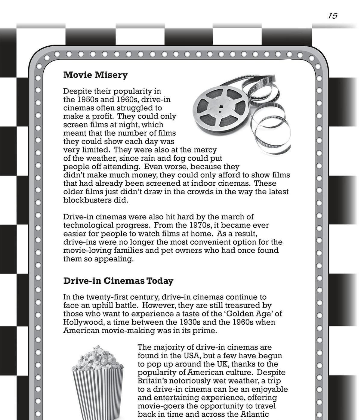 Sample comprehension page showing 'Movie Misery' text with film reel illustration and detailed reading passage