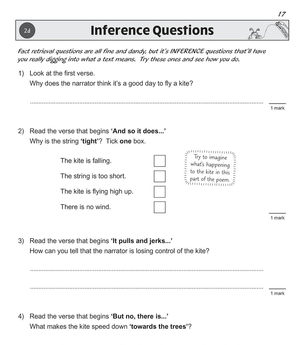 Sample page showing inference questions on a kite poem
