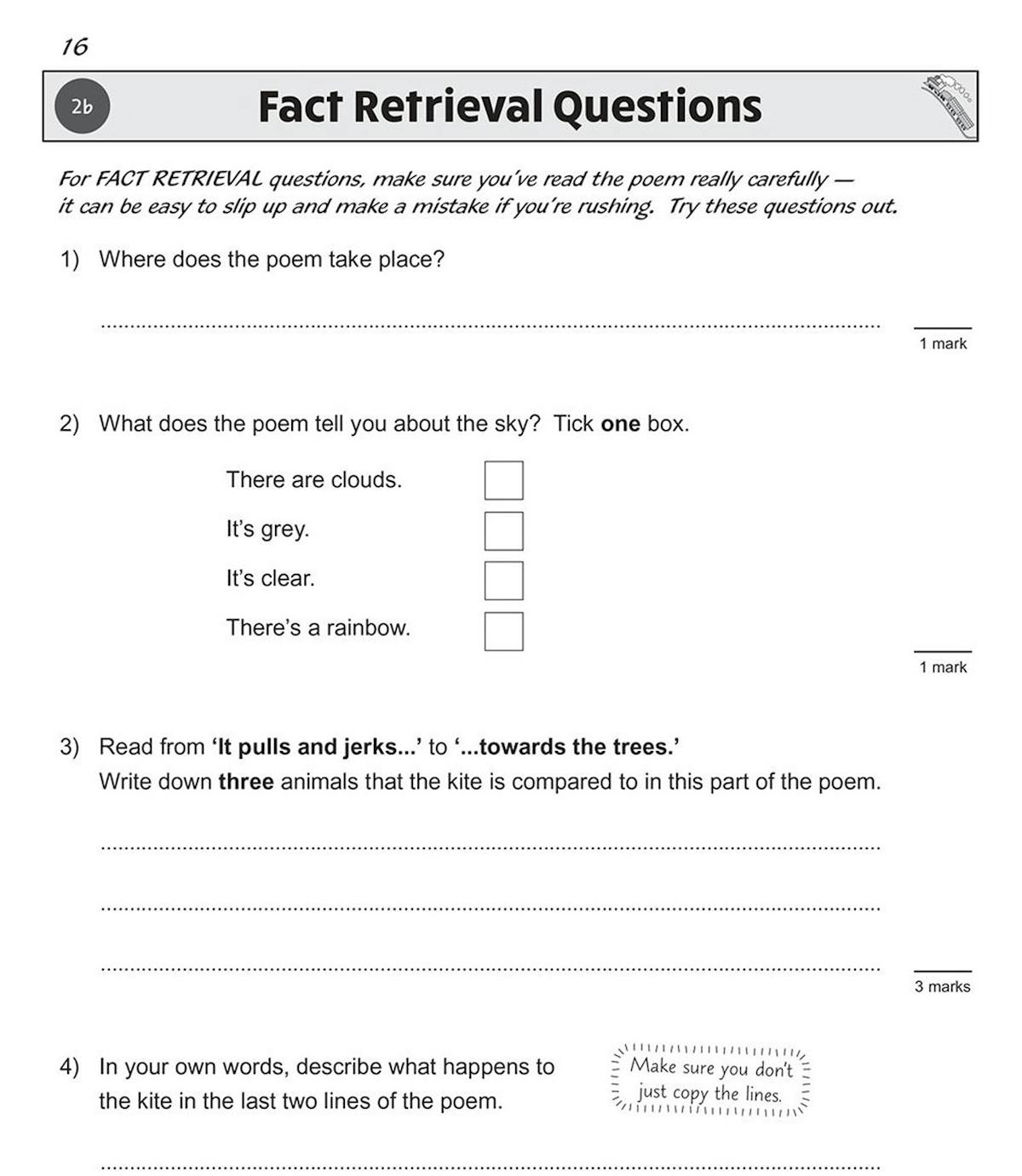 Sample page showing fact retrieval questions on a kite poem
