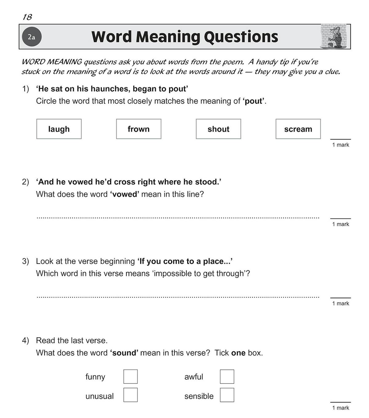 Sample SAT-style word meaning questions in CGP Poetry Book 2 workbook