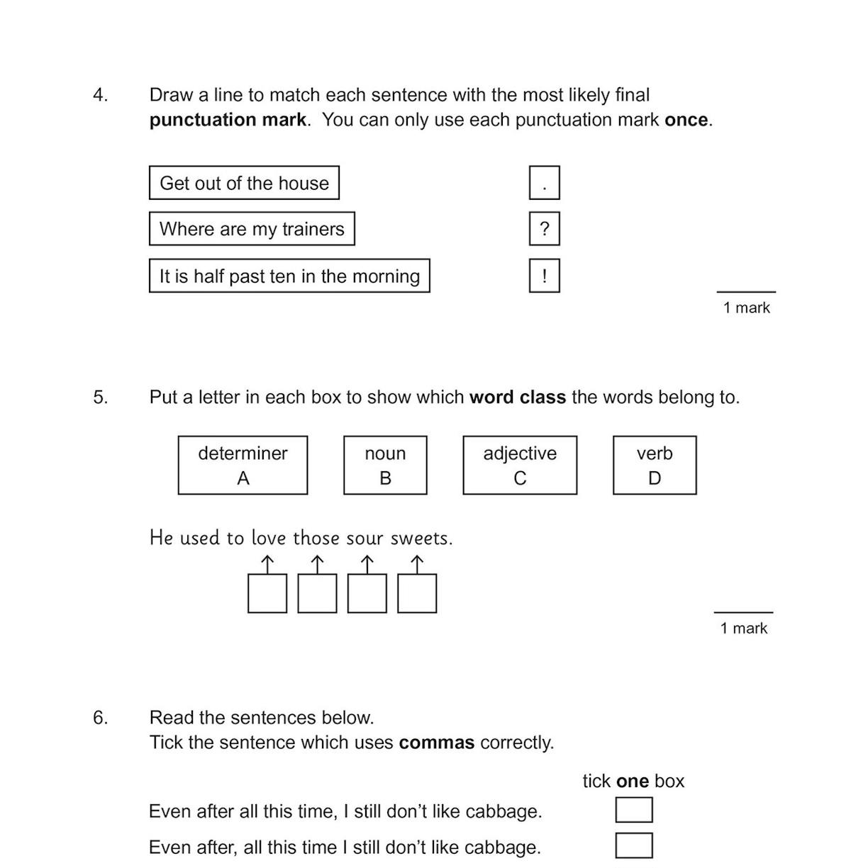 Sample page showing grammar and punctuation questions including word class identification and comma usage