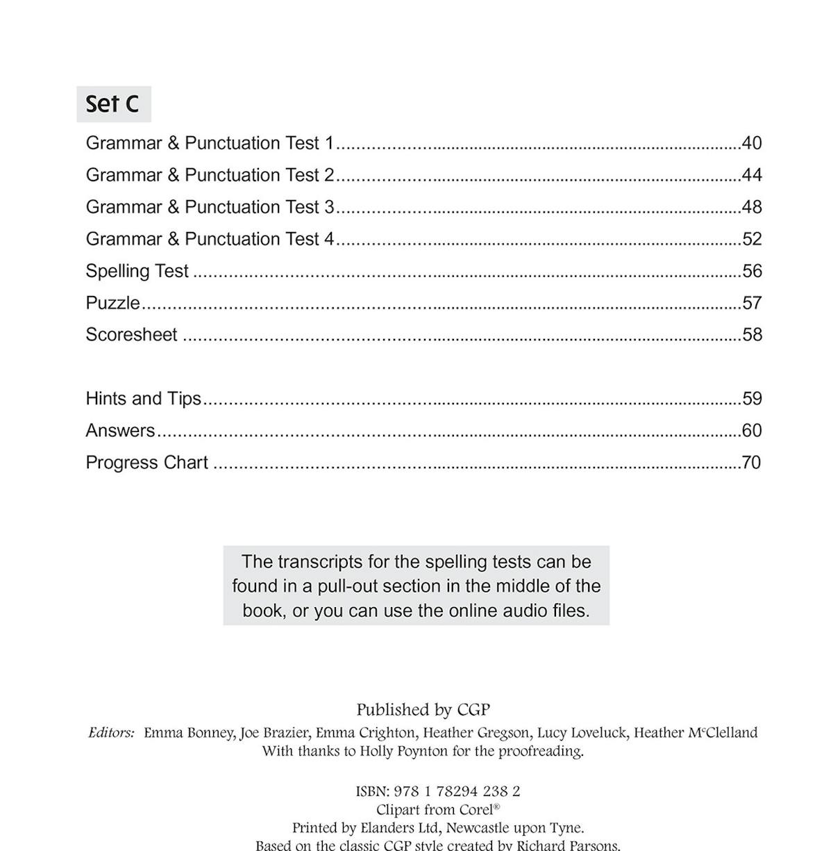 Contents page showing sets of grammar, punctuation and spelling tests with hints, answers and progress chart
