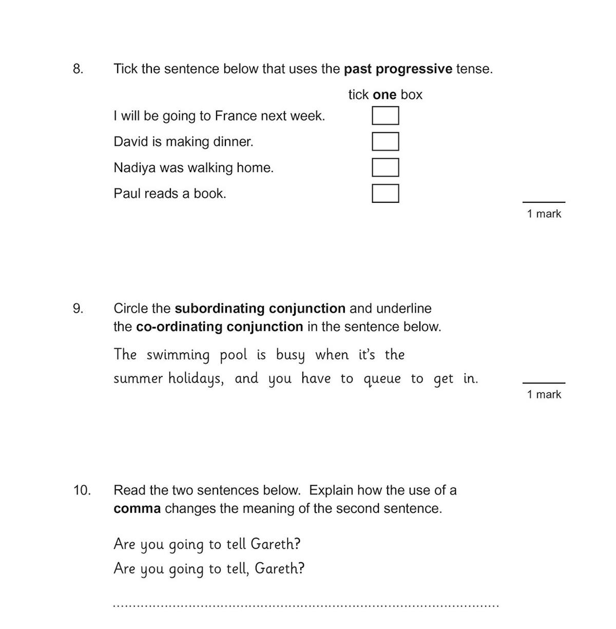 Sample test page showing grammar and punctuation questions from Book 2