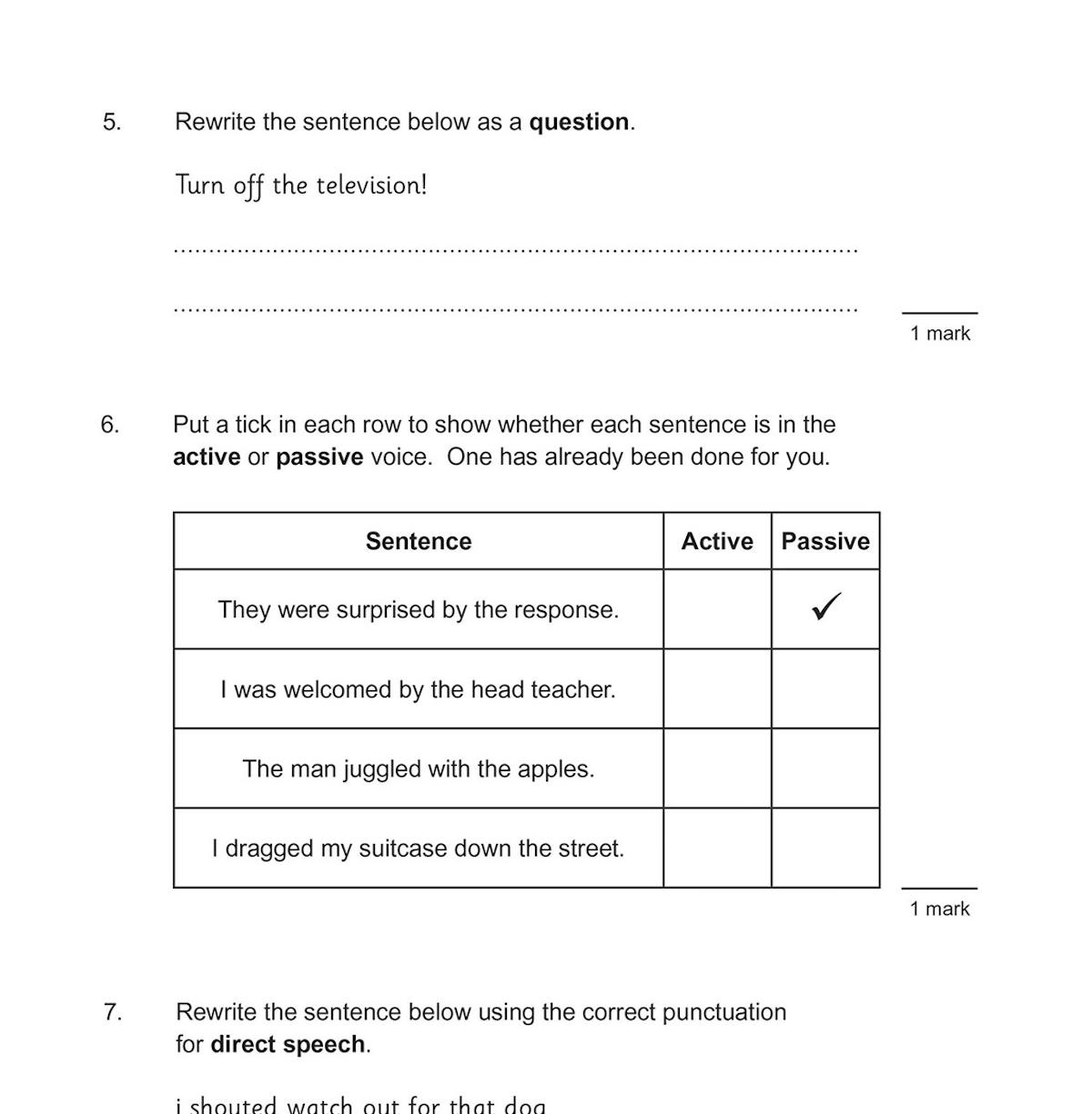 Further sample pages showing active and passive voice questions and direct speech punctuation tasks