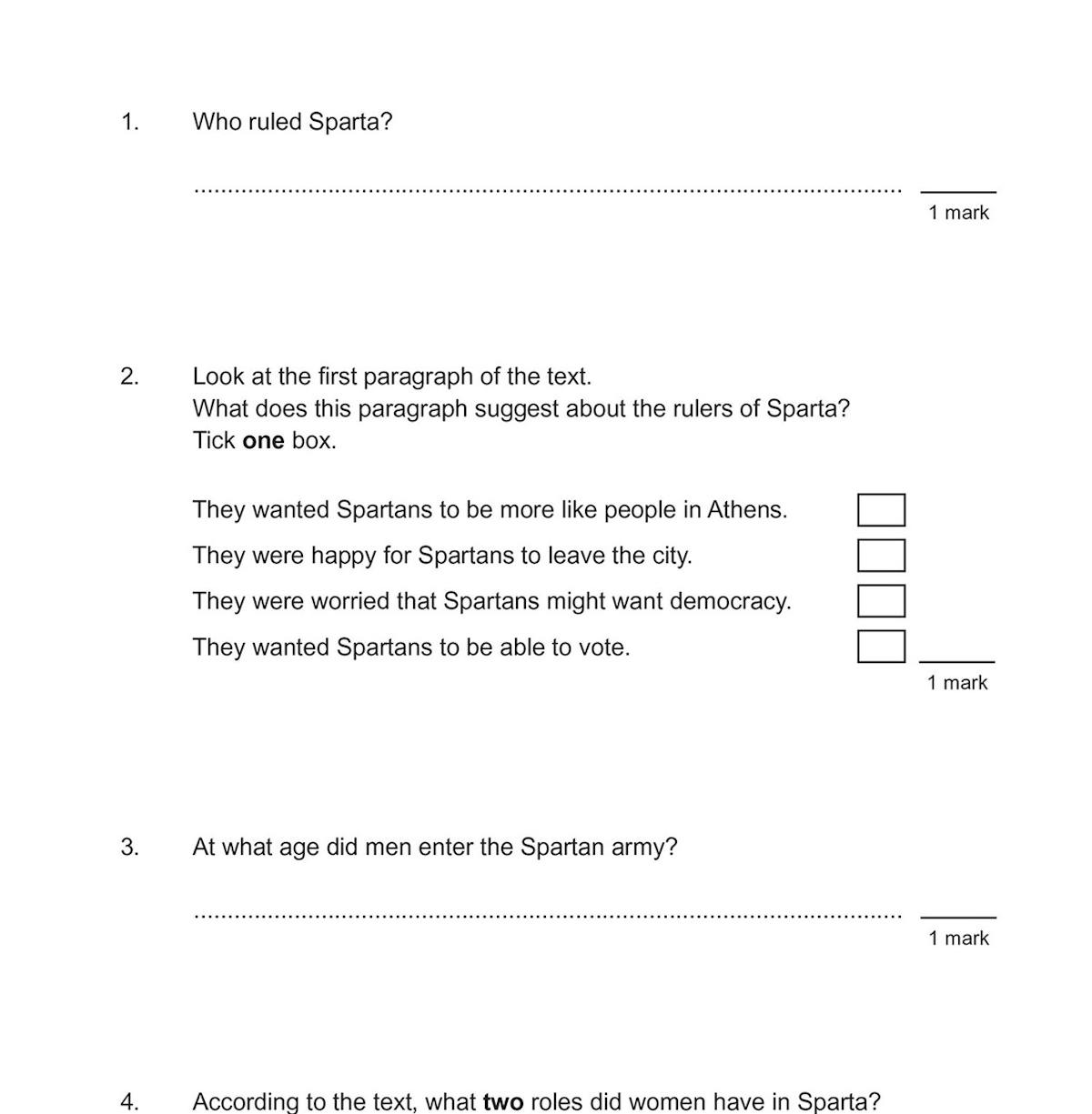 Sample test page showing Spartan Life reading comprehension with six timed questions