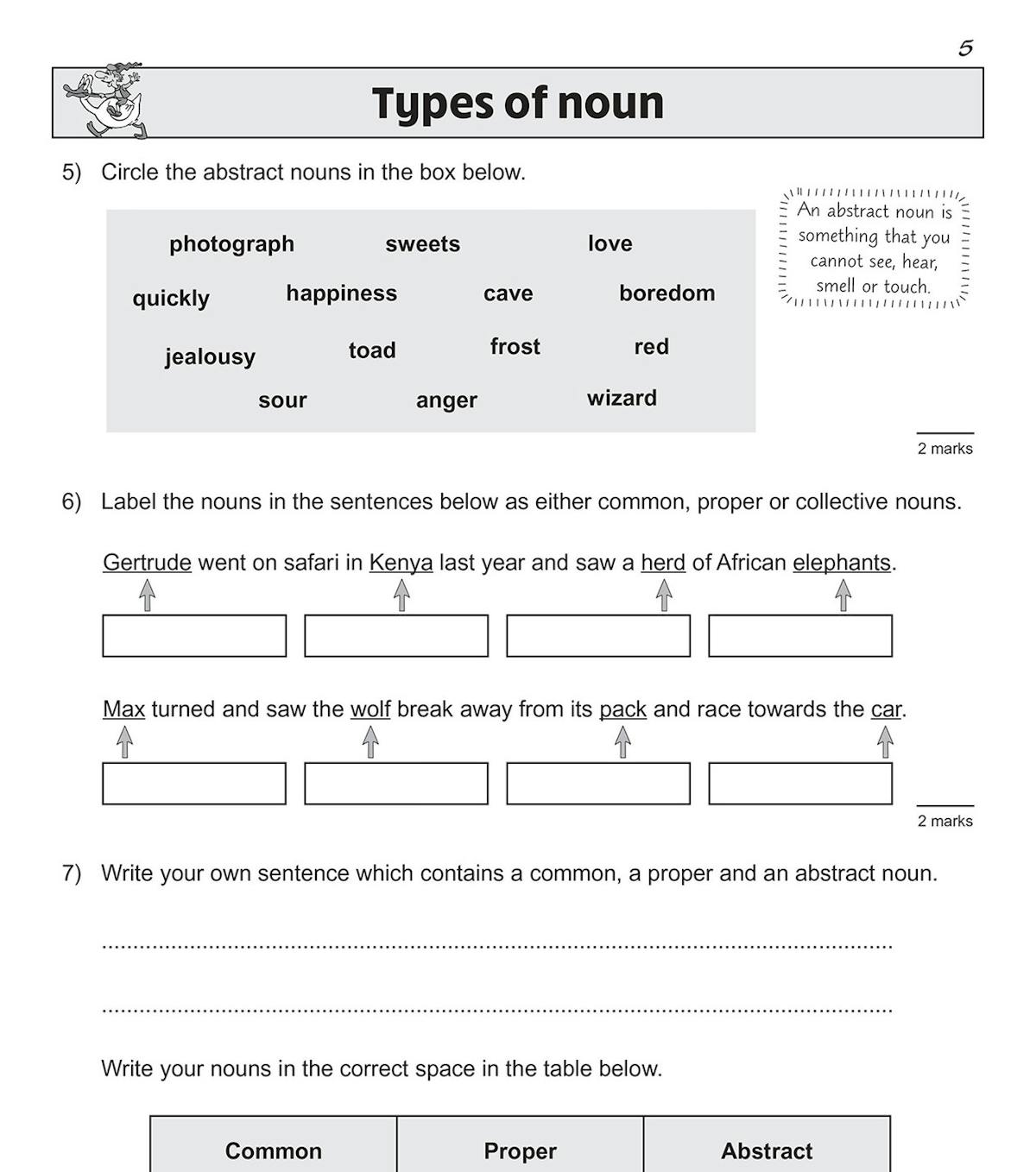 Inside pages showing types of noun exercises with clear instructions and self-assessment boxes