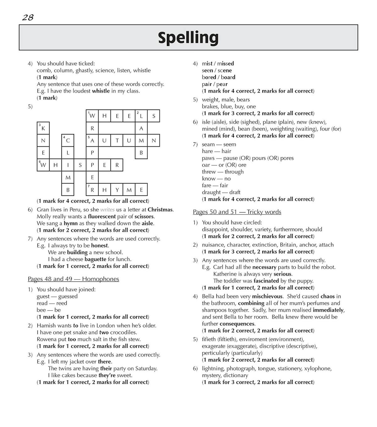 Sample answer page showing spelling questions with mark schemes and word lists