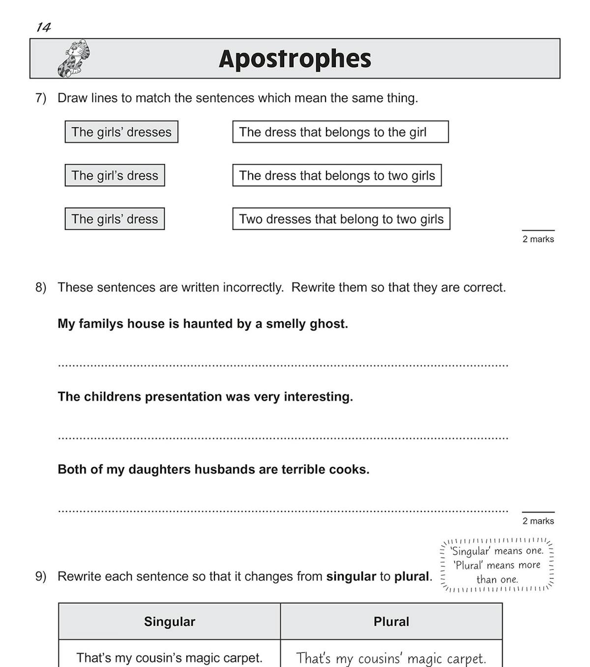 Sample page showing apostrophe exercises with multiple-choice and sentence rewriting tasks