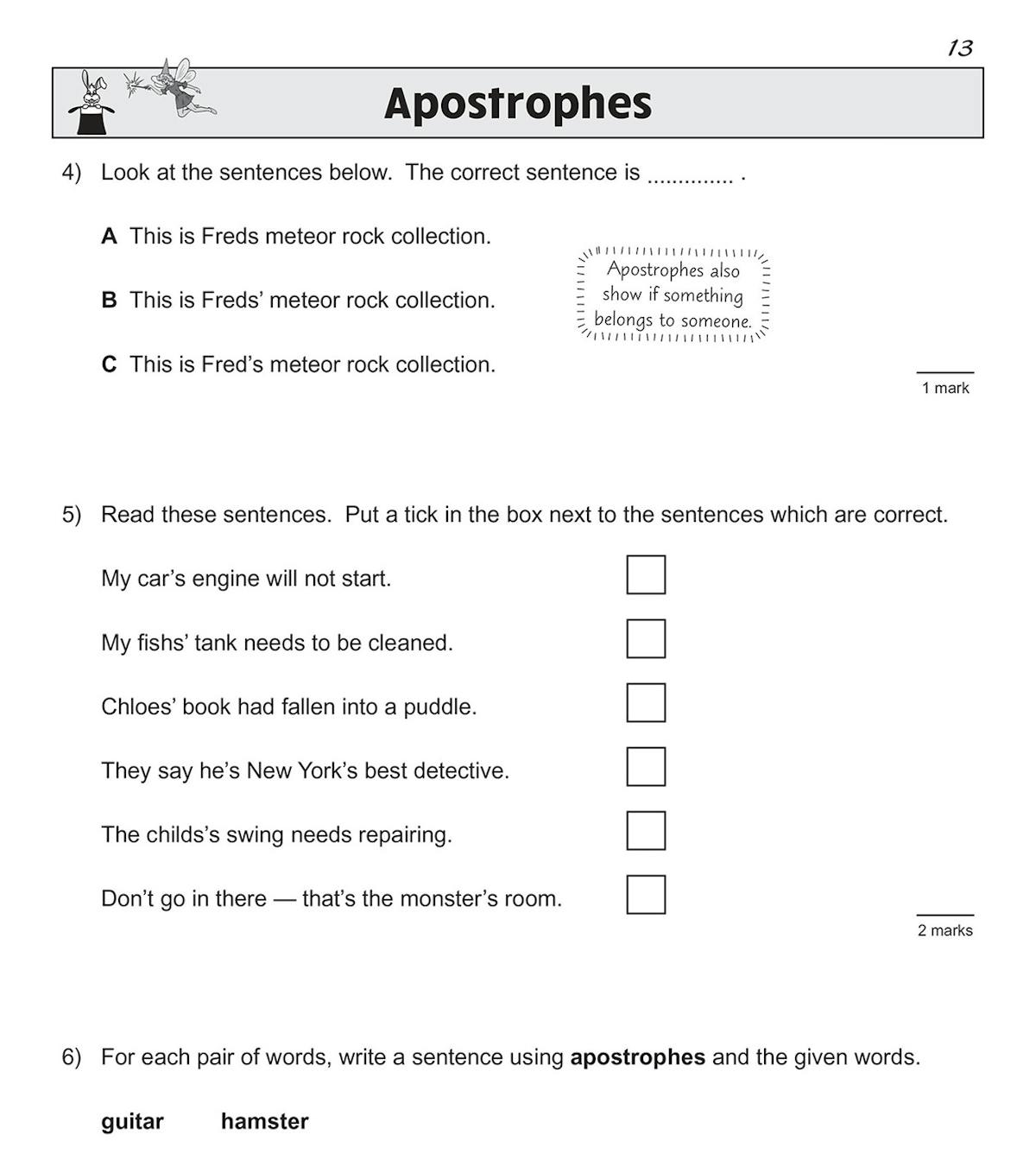 Another sample page featuring apostrophe matching exercises and sentence conversion from singular to plural