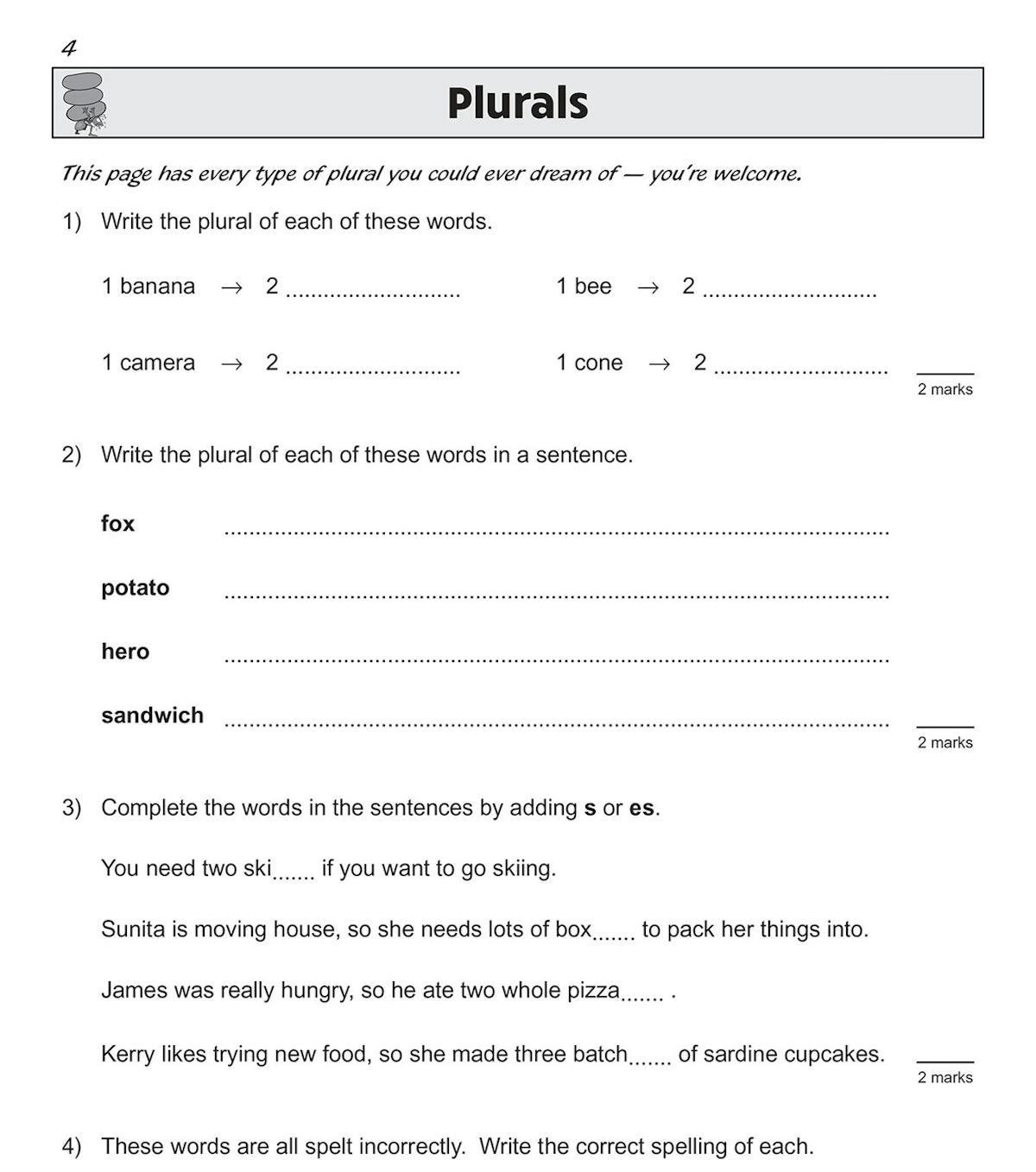 Sample spelling exercise page showing plurals practice questions