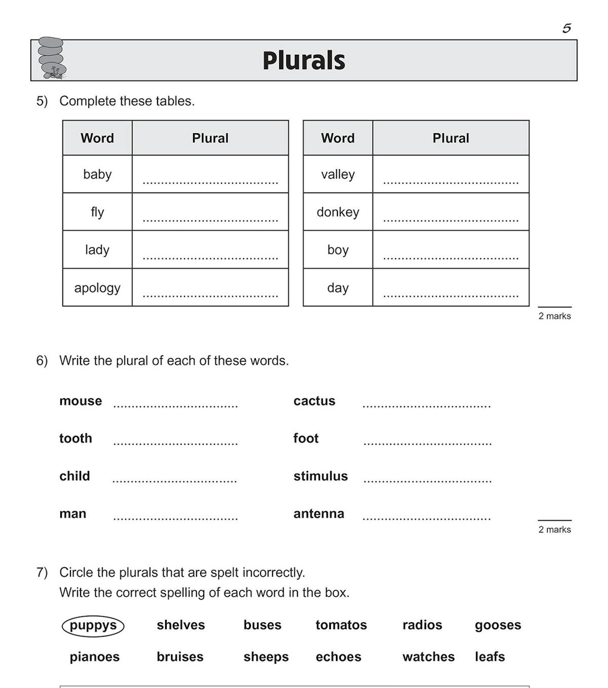 Additional spelling practice page showing word tables and correction exercises