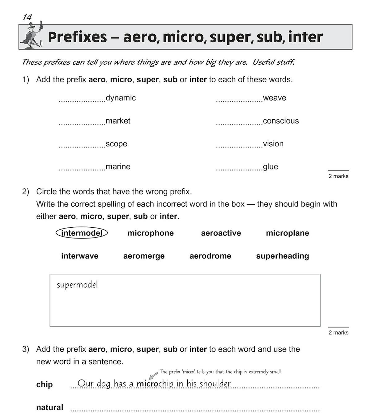 Sample page showing prefixes exercises including aero, micro, super, sub and inter