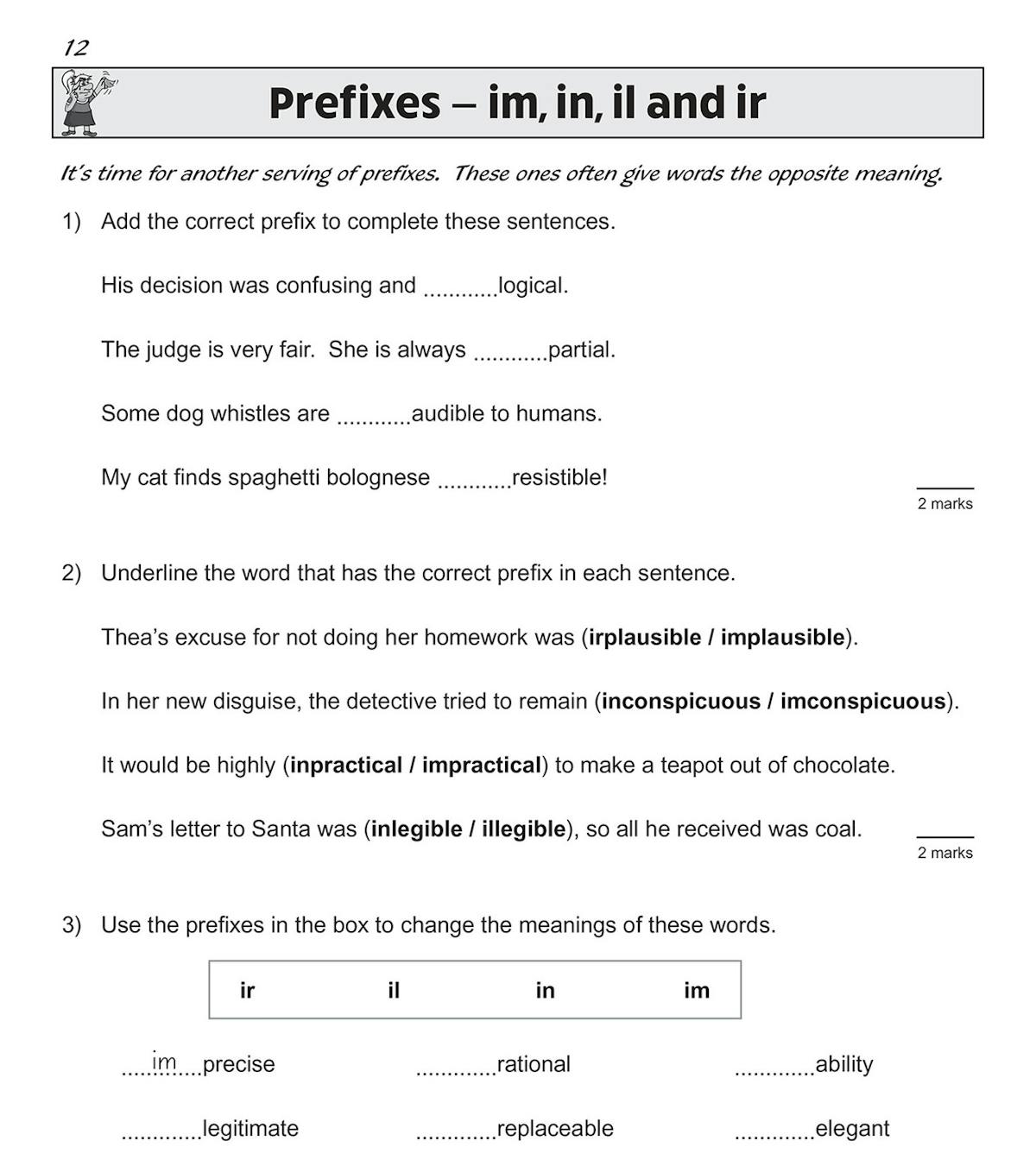 Sample page demonstrating prefix practice with im, in, il and ir