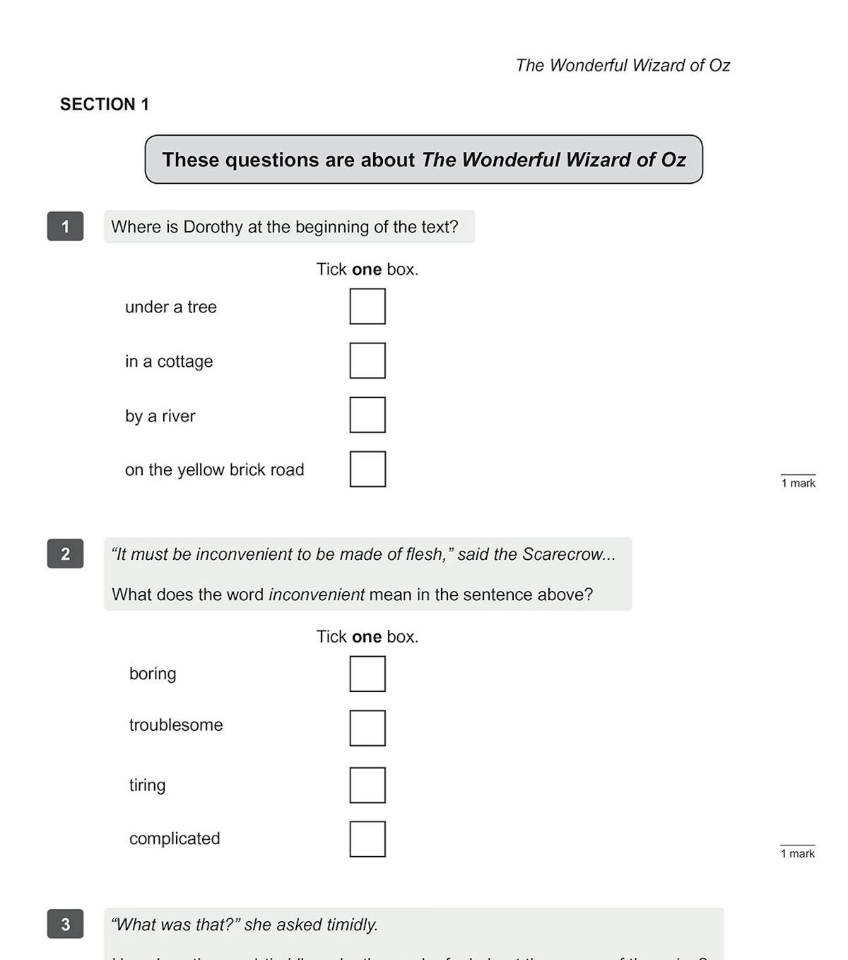 Sample reading comprehension paper with text passage and comprehension questions
