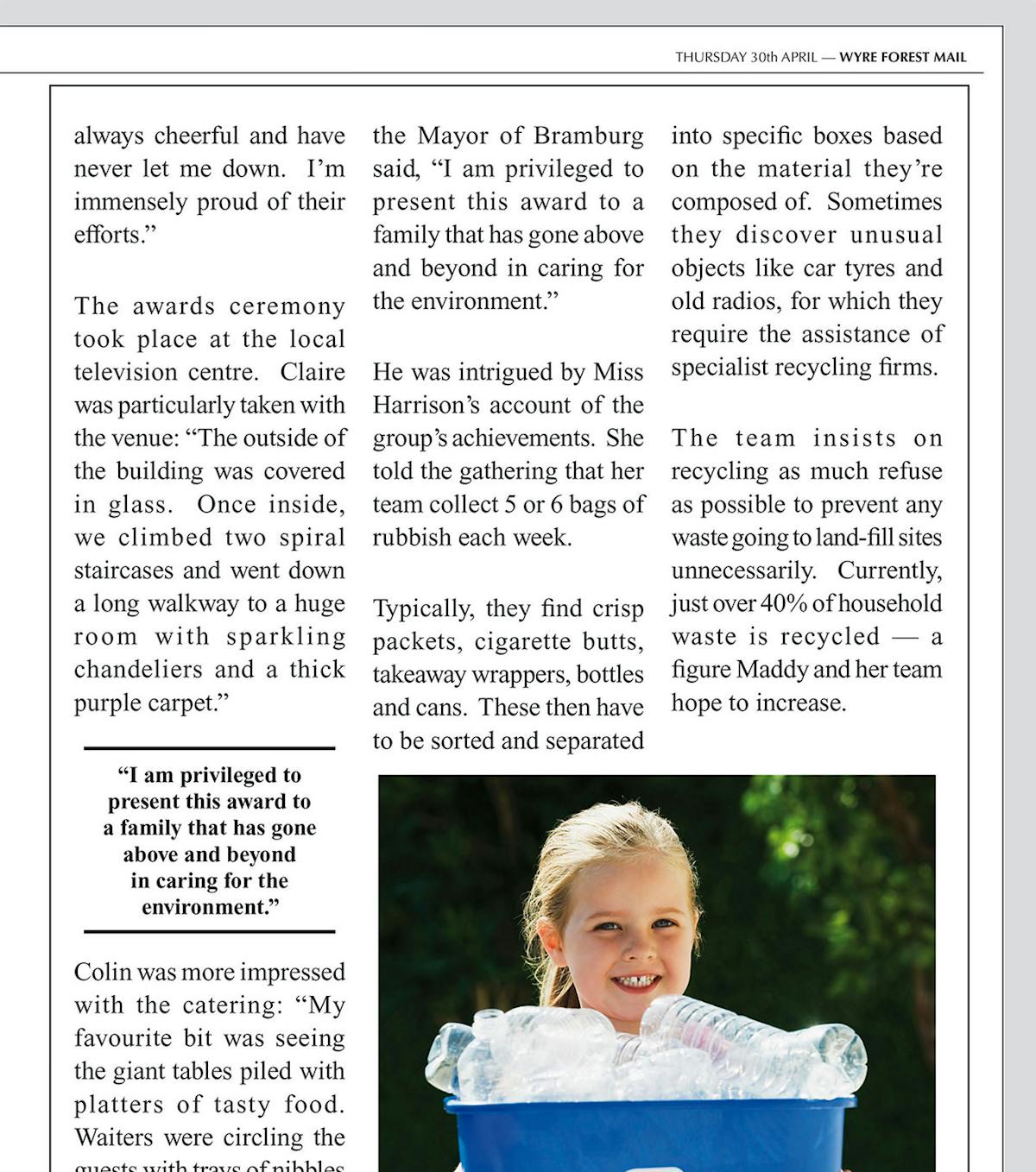 Sample page from the KS2 English SATS Practice Papers showing a reading comprehension article about recycling with an accompanying photograph