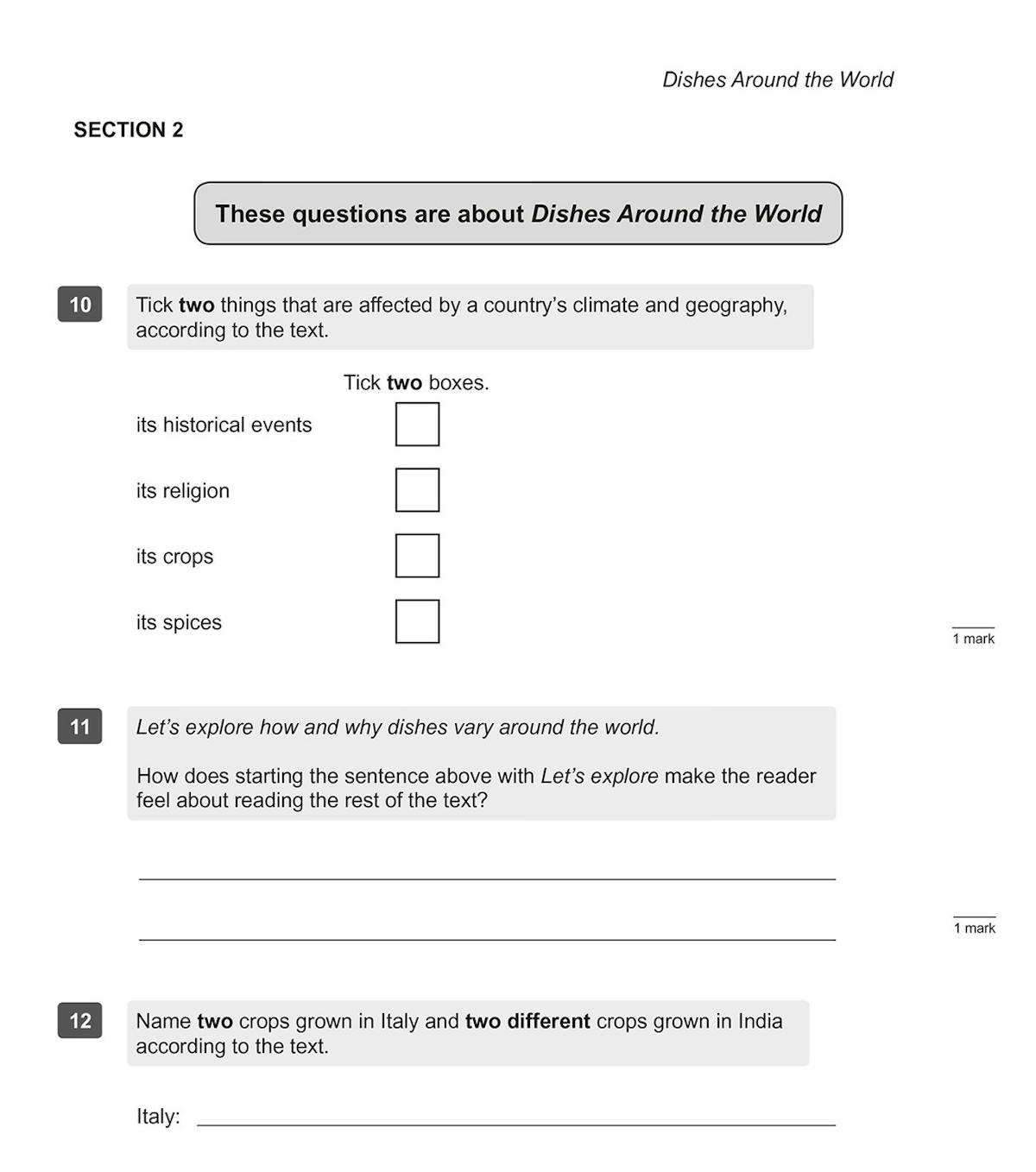 Sample question page showing retrieval and inference tasks with clear formatting and mark allocations