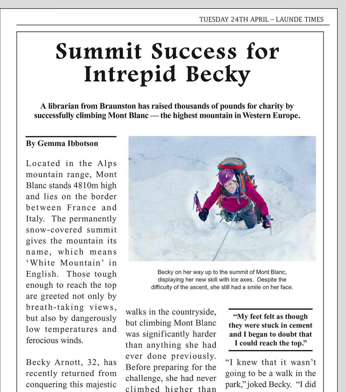 Sample page from KS2 English SATS Practice Papers showing a newspaper article about a librarian climbing Mont Blanc