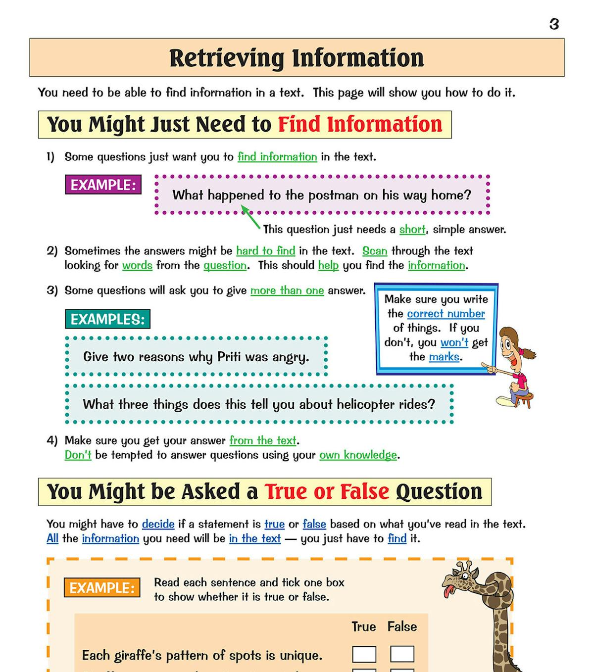 Example page showing retrieving information strategies with clear examples and annotations