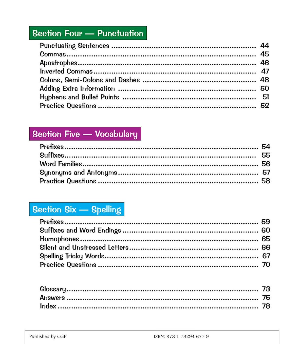 Contents page showing sections on punctuation, vocabulary, and spelling with page numbers