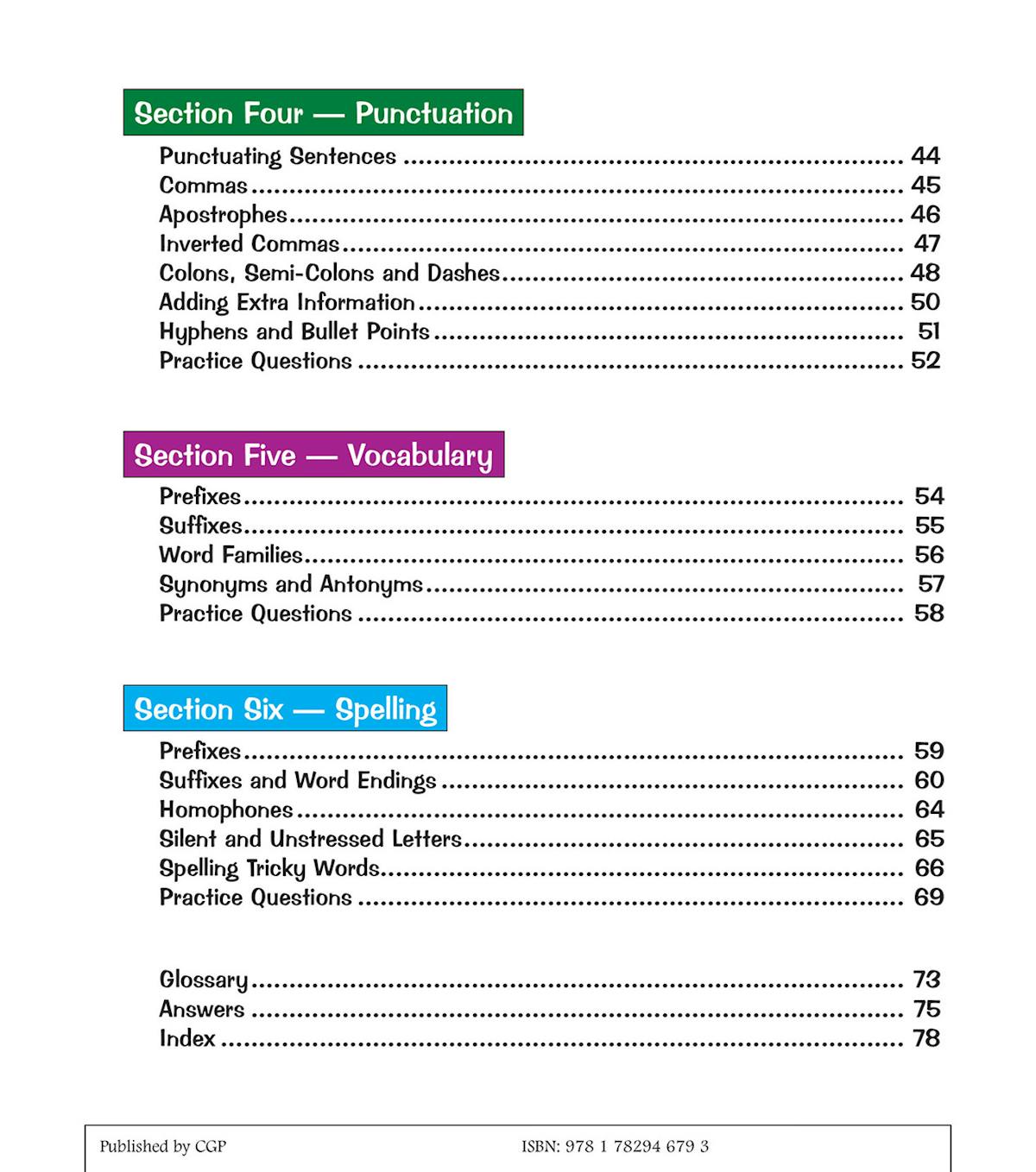 Contents page showing punctuation, vocabulary and spelling sections