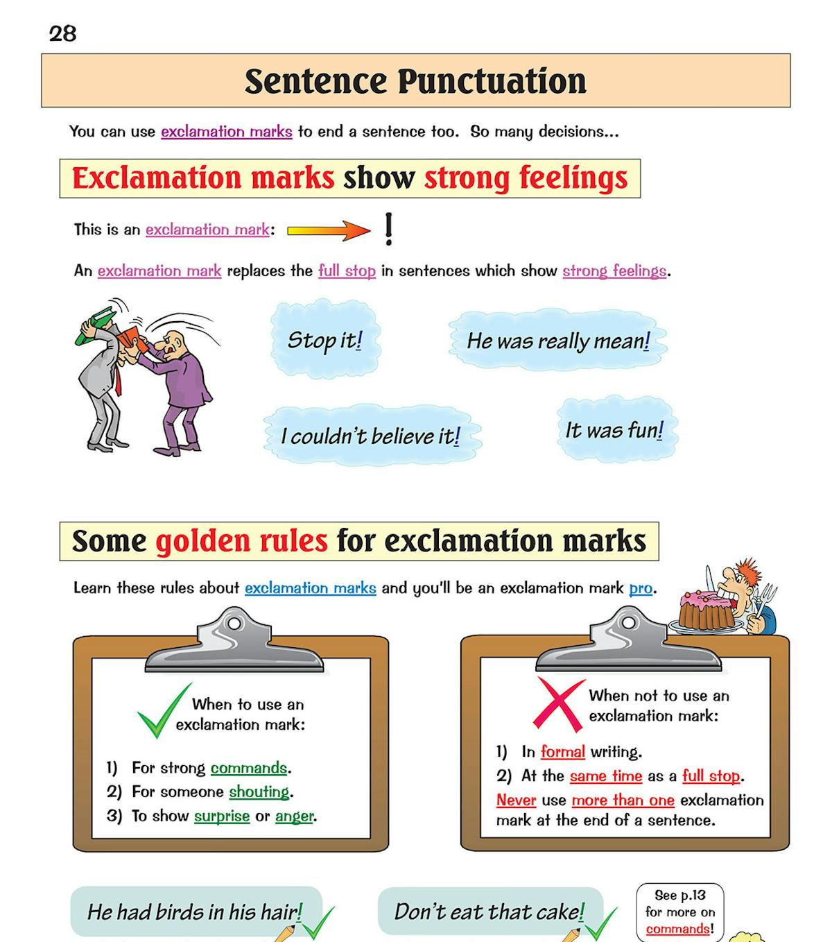 KS2 English SPaG Study Book page showing sentence punctuation rules with colourful examples and illustrations