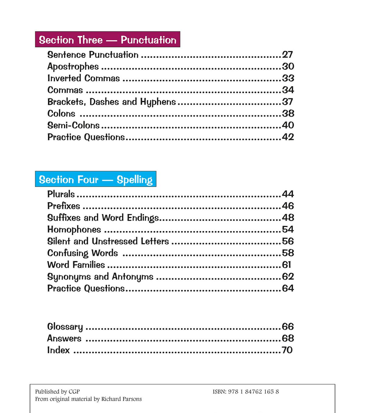 Table of contents showing punctuation and spelling sections