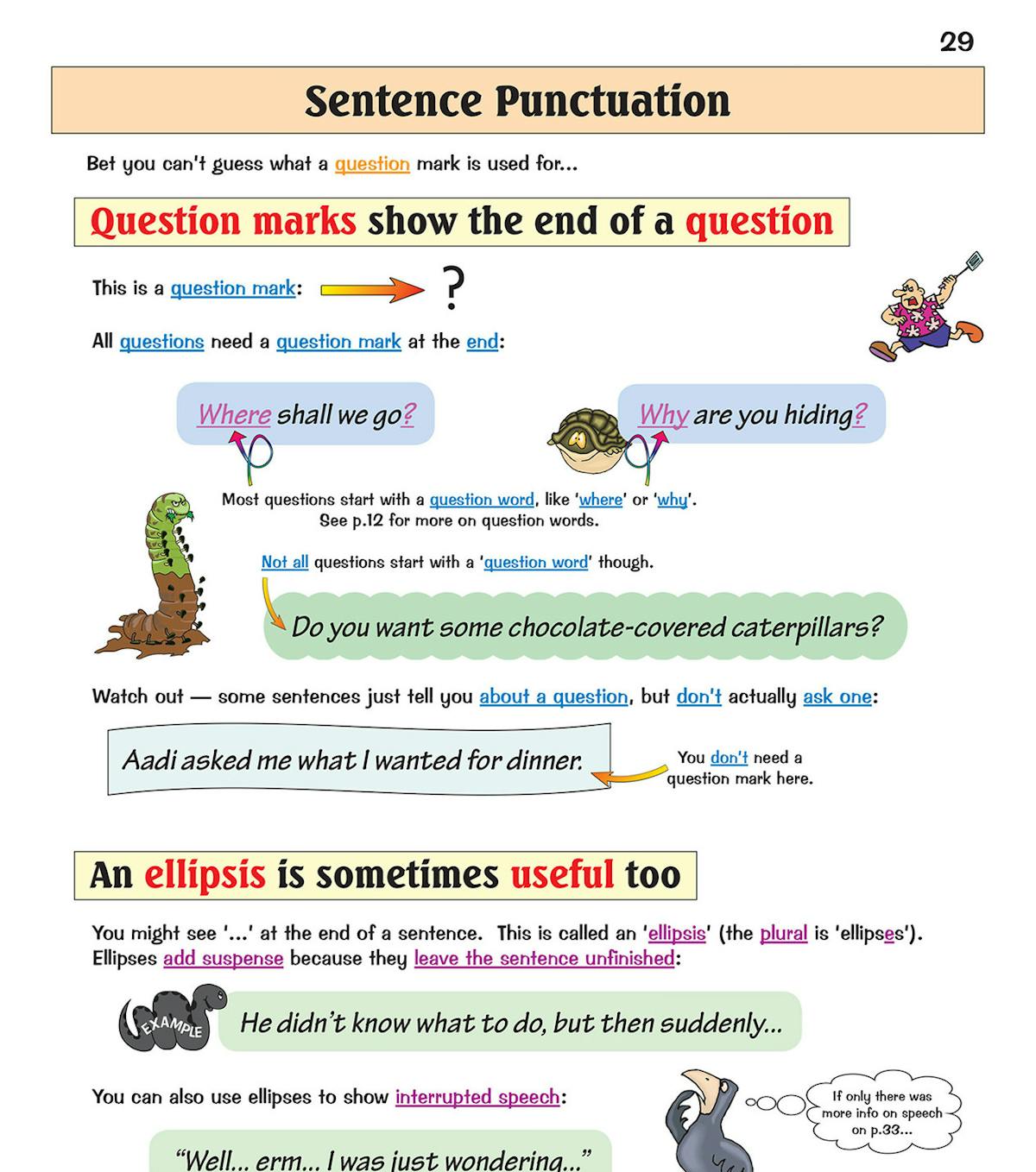 Page showing sentence punctuation rules with colourful examples