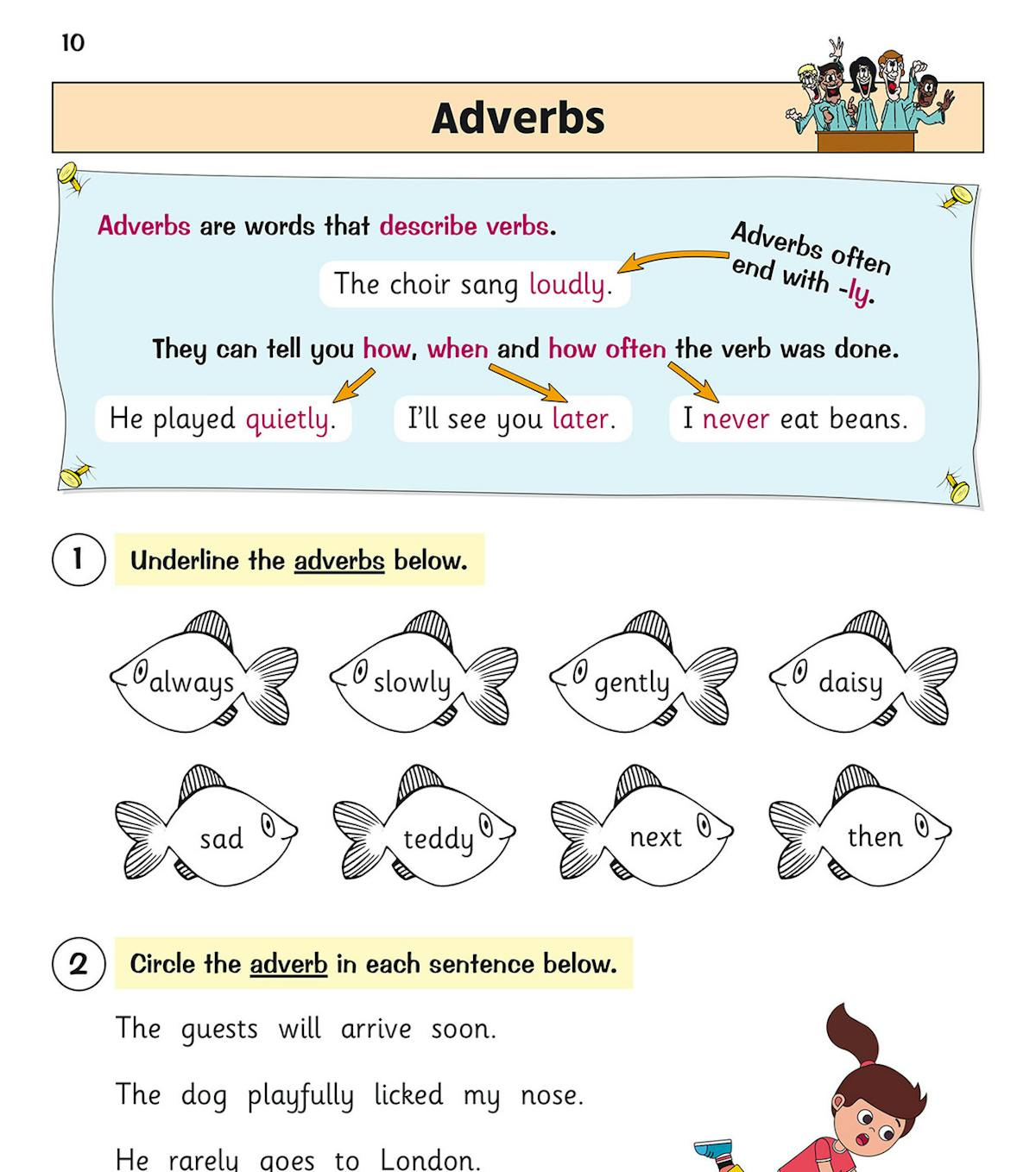 Year 3 workbook page explaining adverbs with clear examples and engaging illustrations