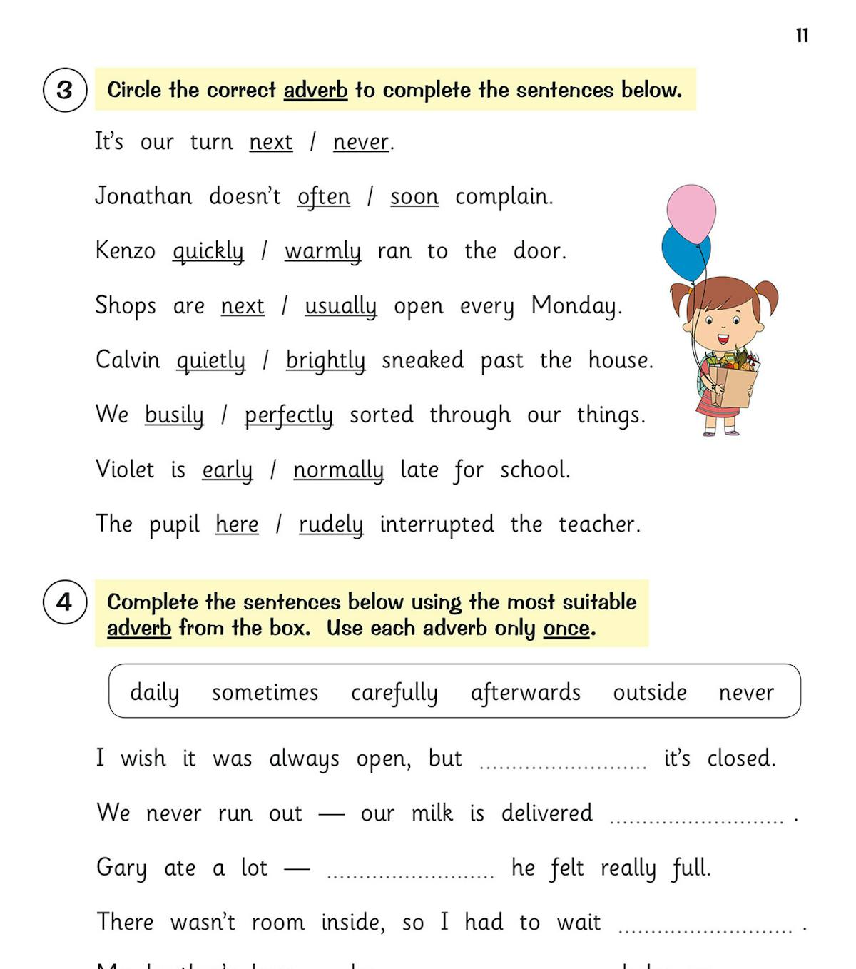 Practice exercises on adverbs with varied question types and progress tick-boxes